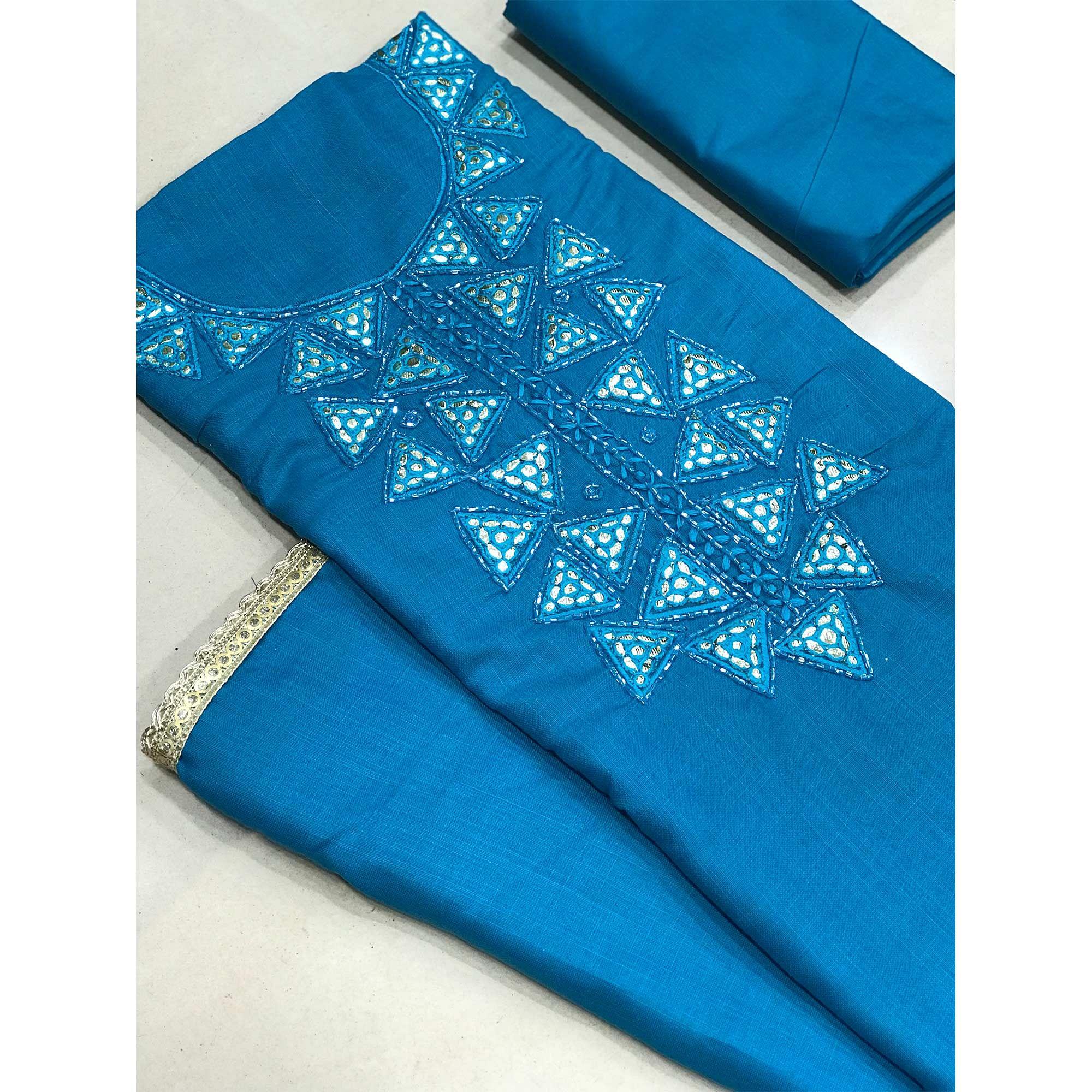 Blue Zardosi Embroidered Cotton Dress Material - Peachmode