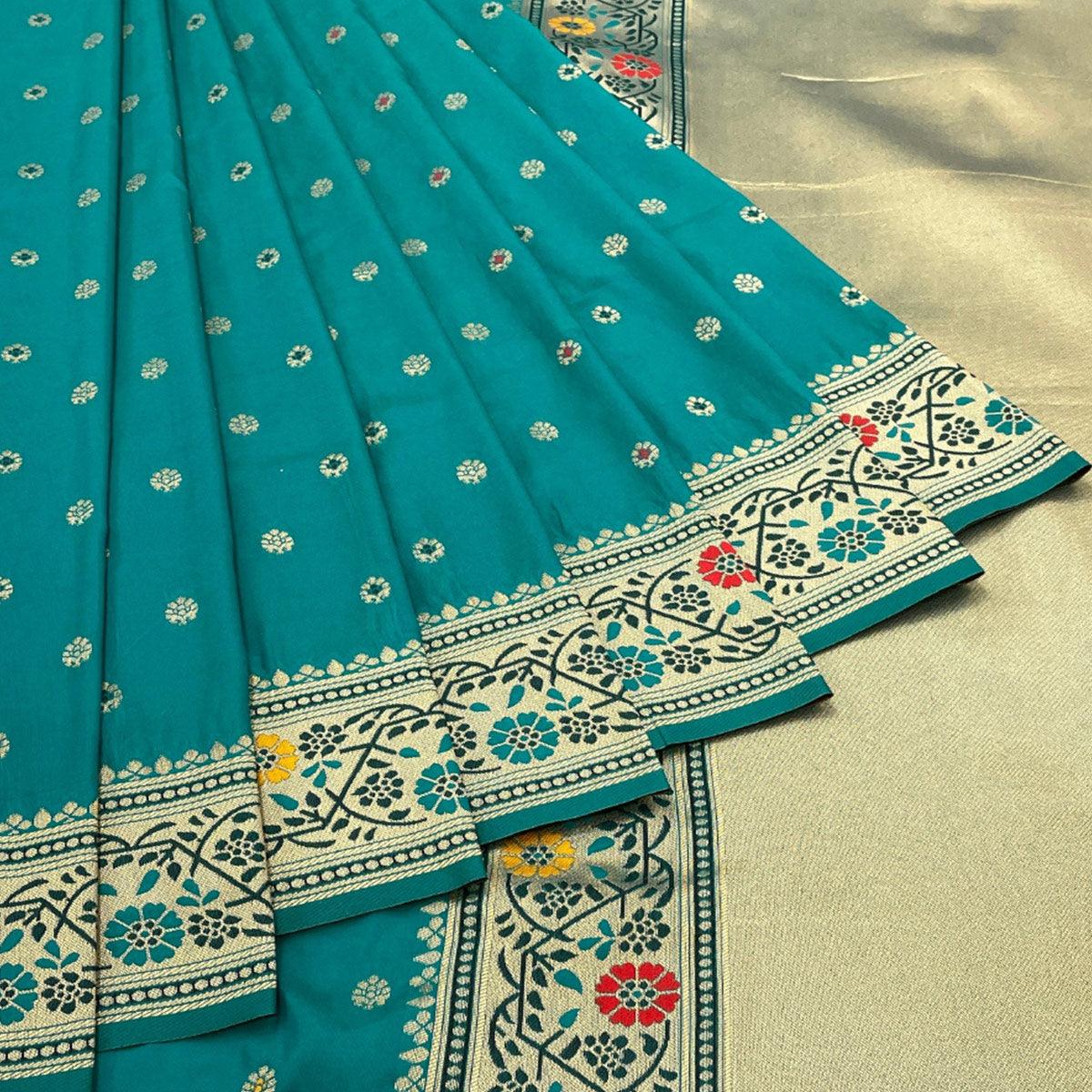 Blue Zari Woven Art Silk Saree - Peachmode