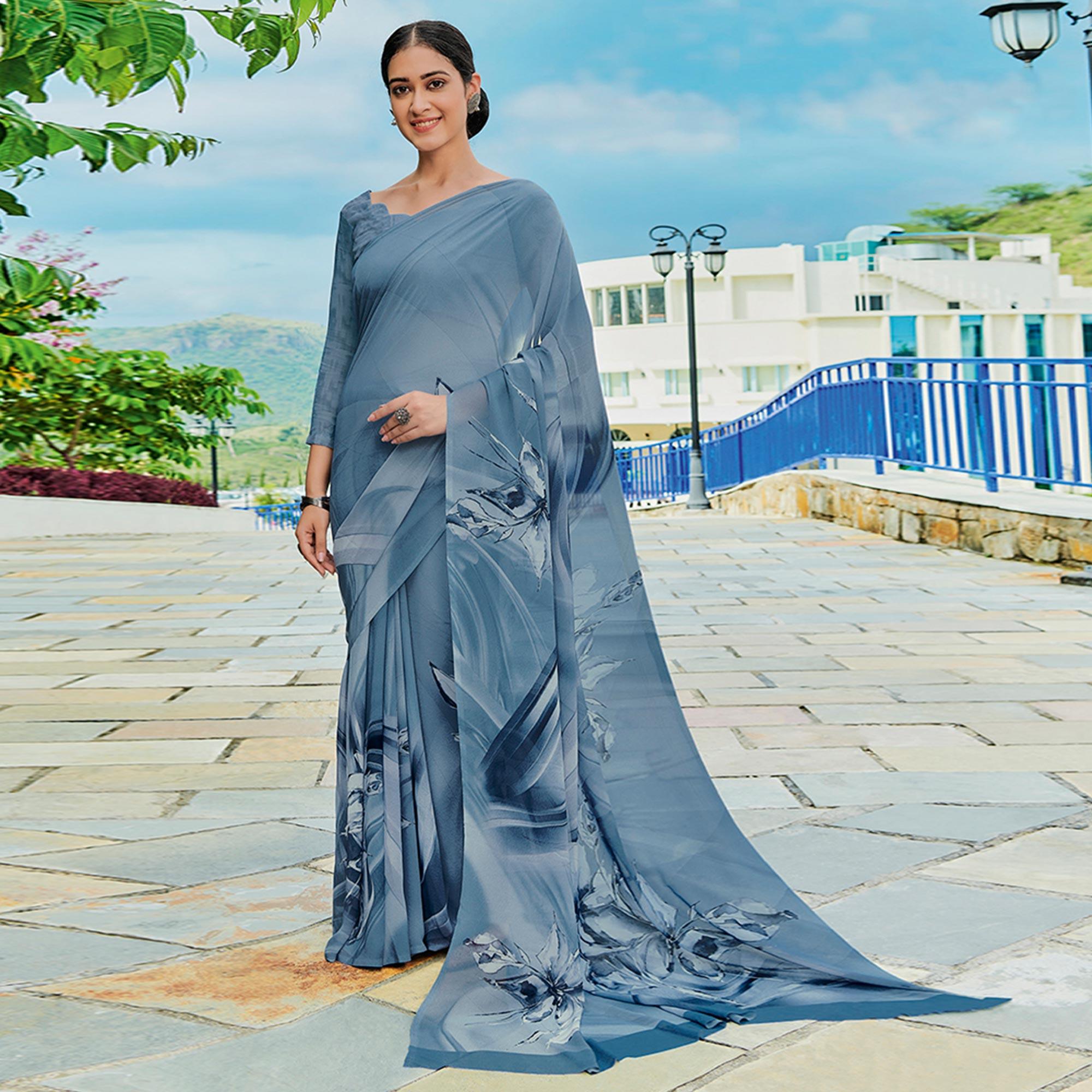Bluish Grey Printed Georgette Saree - Peachmode