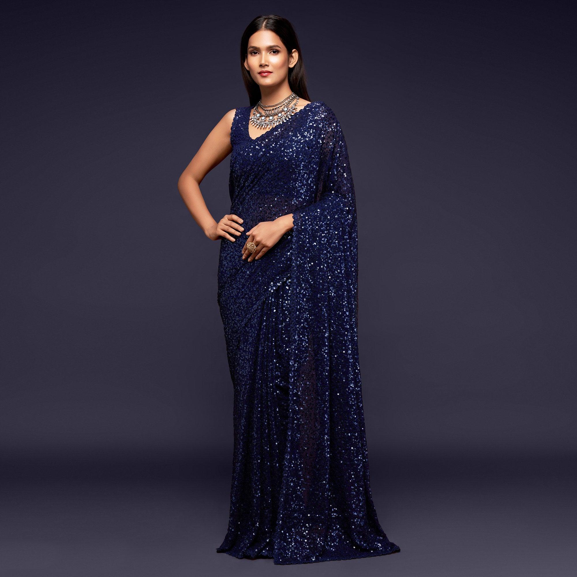 Blush Blue Partywear Thread & Sequins Embroidered Georgette Saree - Peachmode