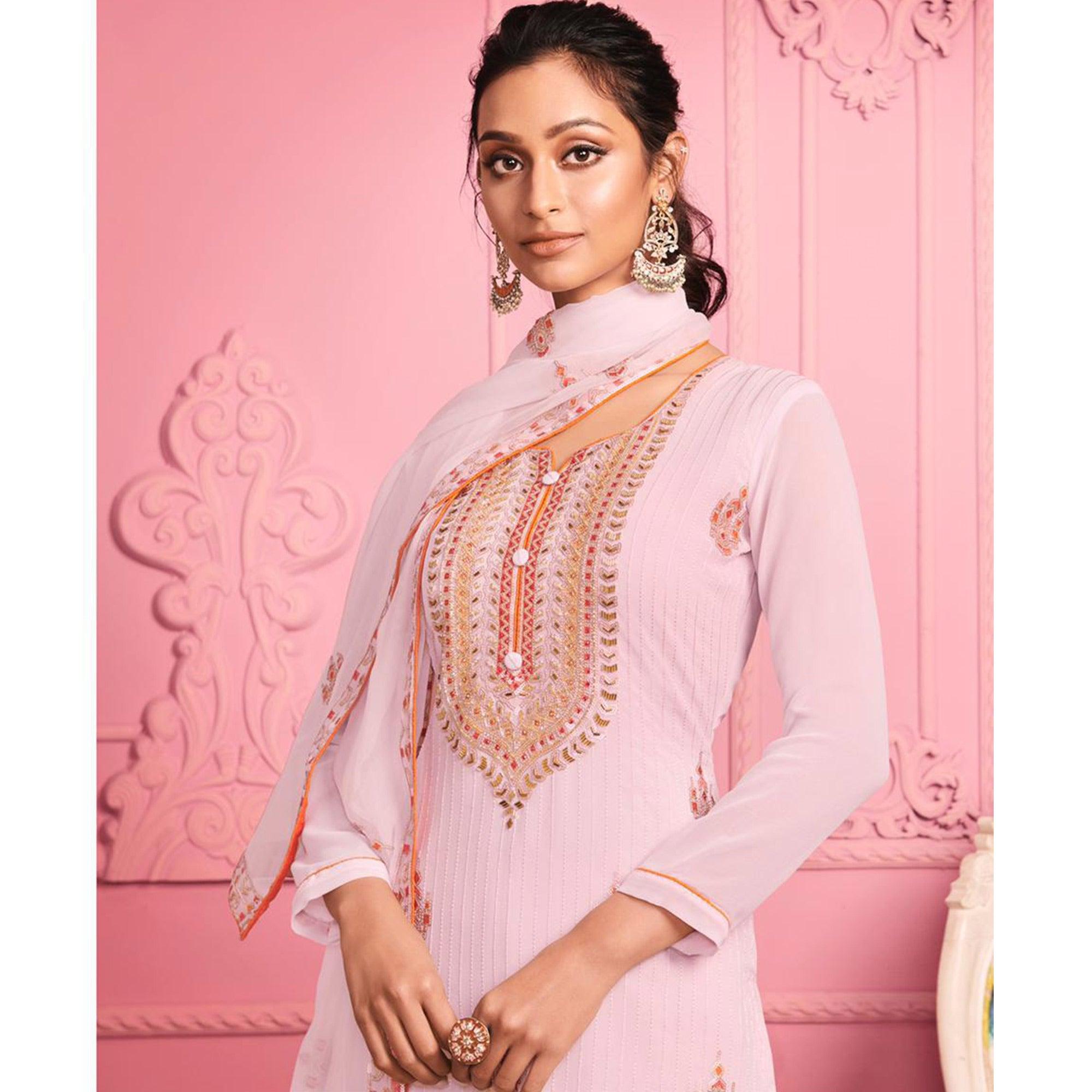 Blush Partywear Thread Floral Embroidery & Khatli sequence Alizeh Georgette Suit - Peachmode