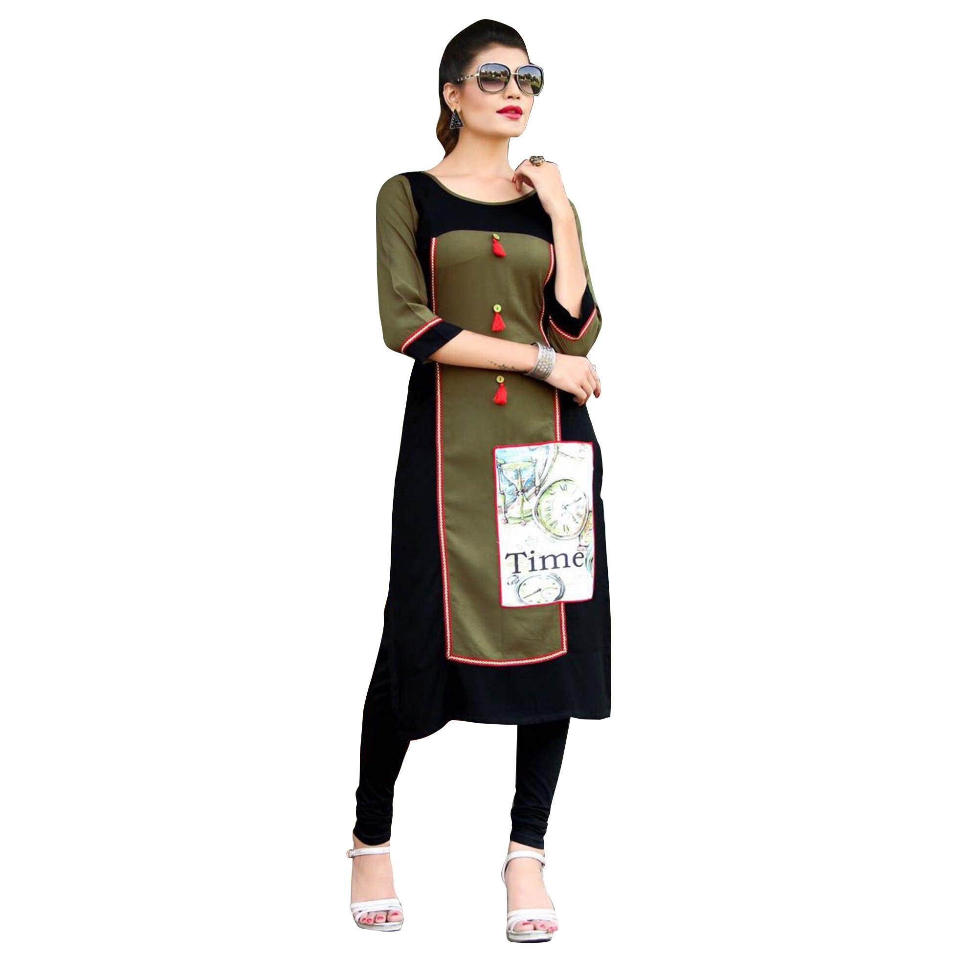 Bold Black-Green Colored Printed Rayon Kurti - Peachmode