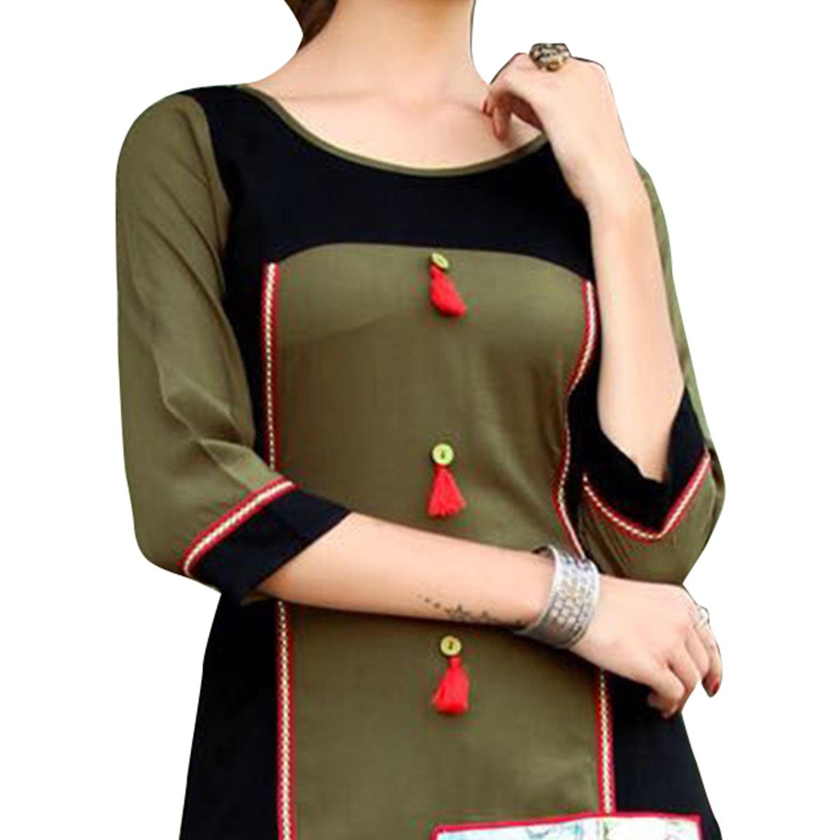 Bold Black-Green Colored Printed Rayon Kurti - Peachmode