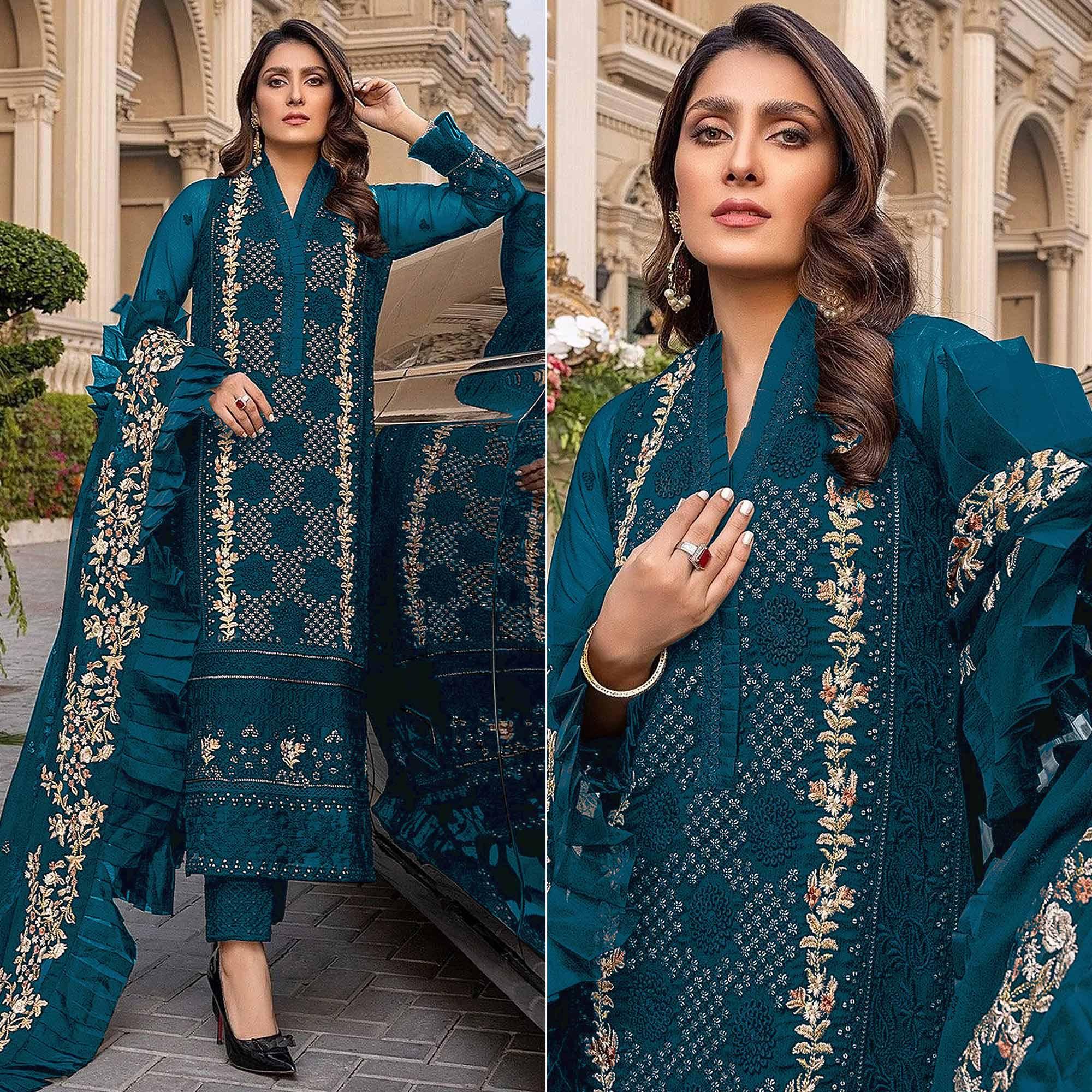 Bottle Blue Sequence With Floral Embroidered Georgette Pakistani Suit - Peachmode
