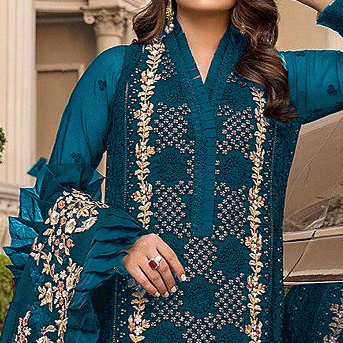Bottle Blue Sequence With Floral Embroidered Georgette Pakistani Suit - Peachmode