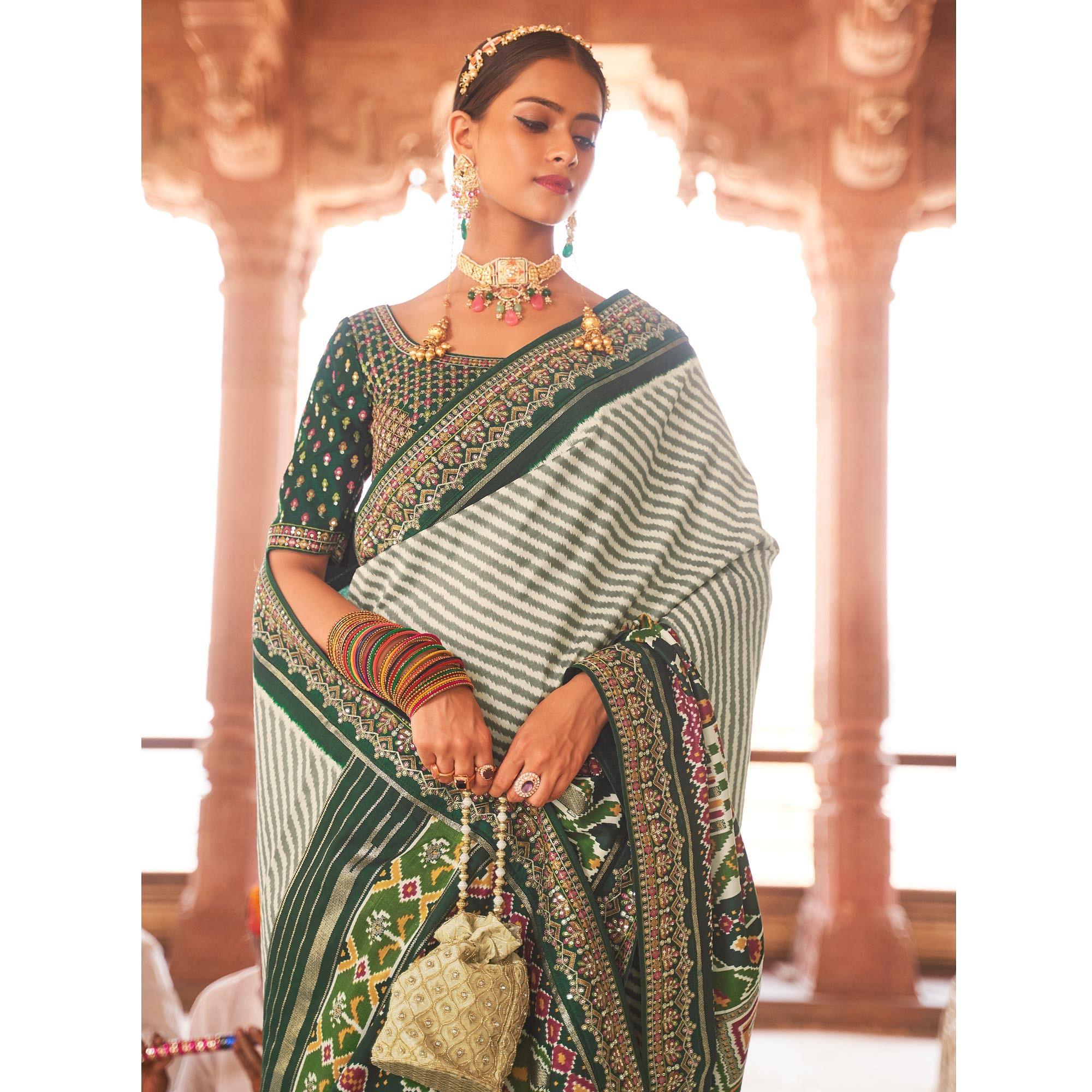 Bottle Green & Off White Patola Printed-Sequence Embroidered Pure Silk Saree - Peachmode