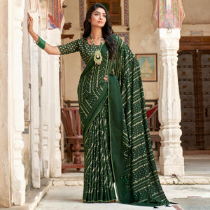 Bottle Green Bandhani Printed Chiffon Saree With Tassels - Peachmode