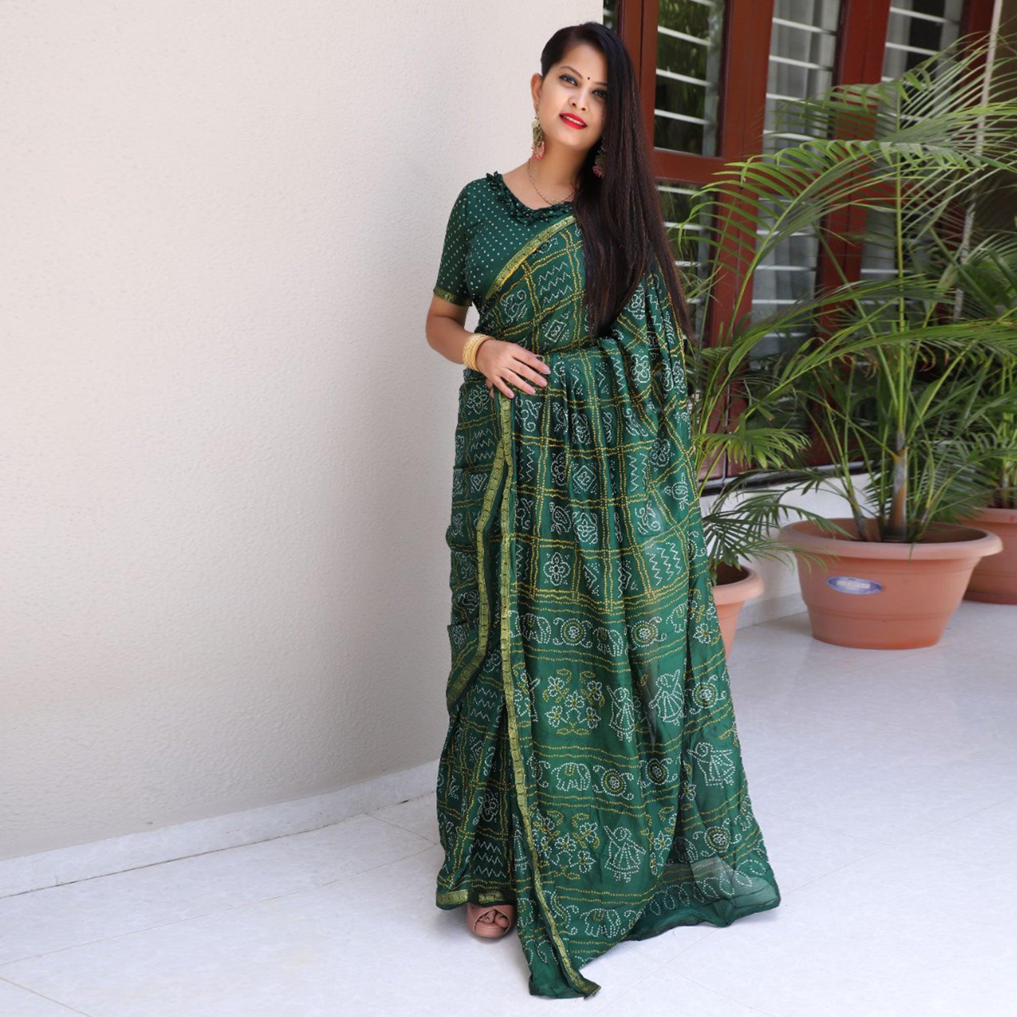 Bottle Green Bandhani Printed With Woven Border Tapetta Silk Saree - Peachmode