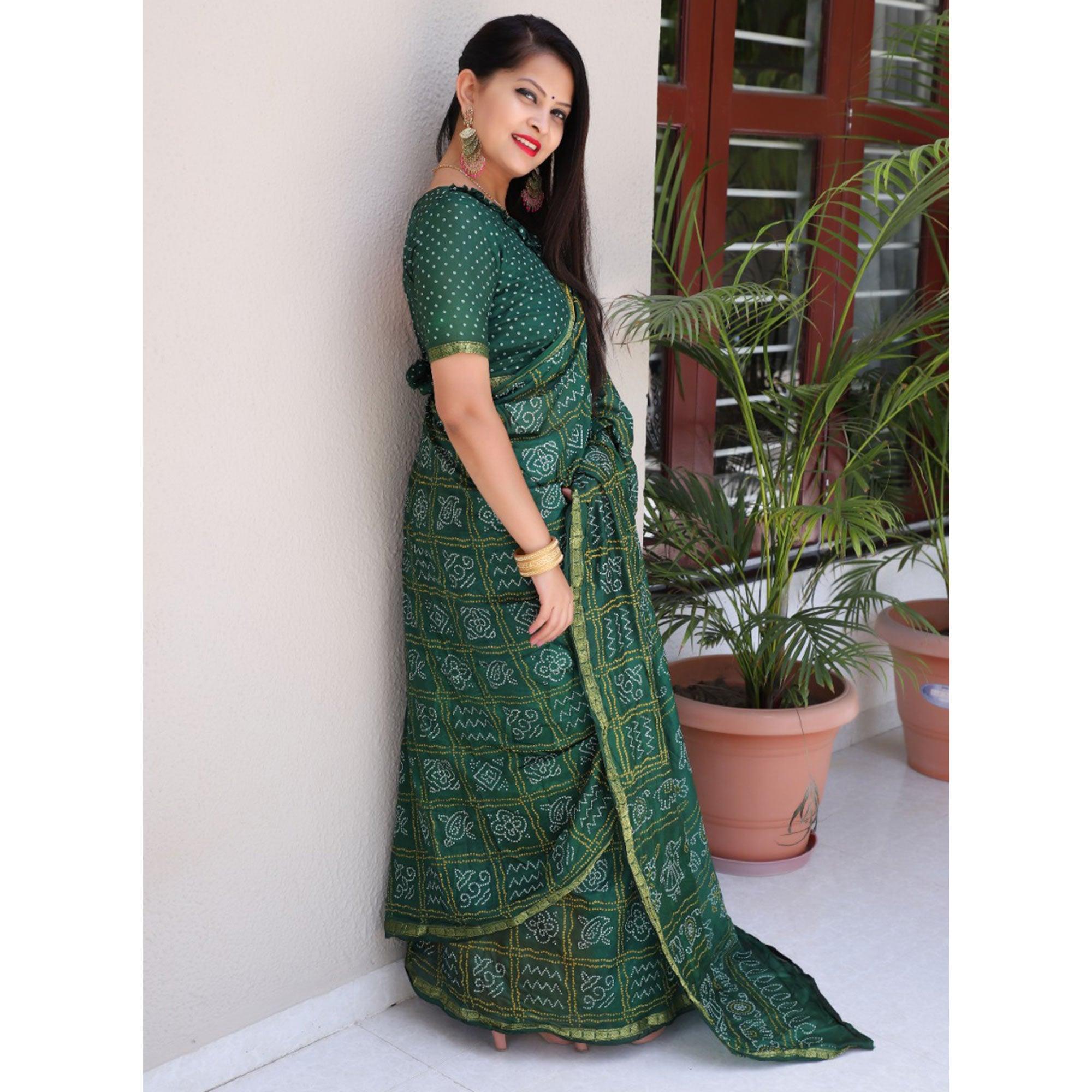 Bottle Green Bandhani Printed With Woven Border Tapetta Silk Saree - Peachmode