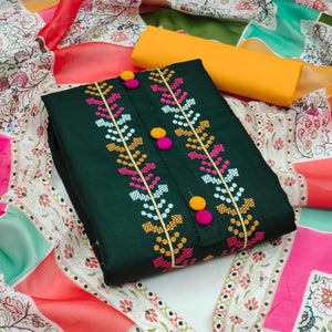 Bottle Green Casual Wear Embroidered Cotton Dress Material - Peachmode