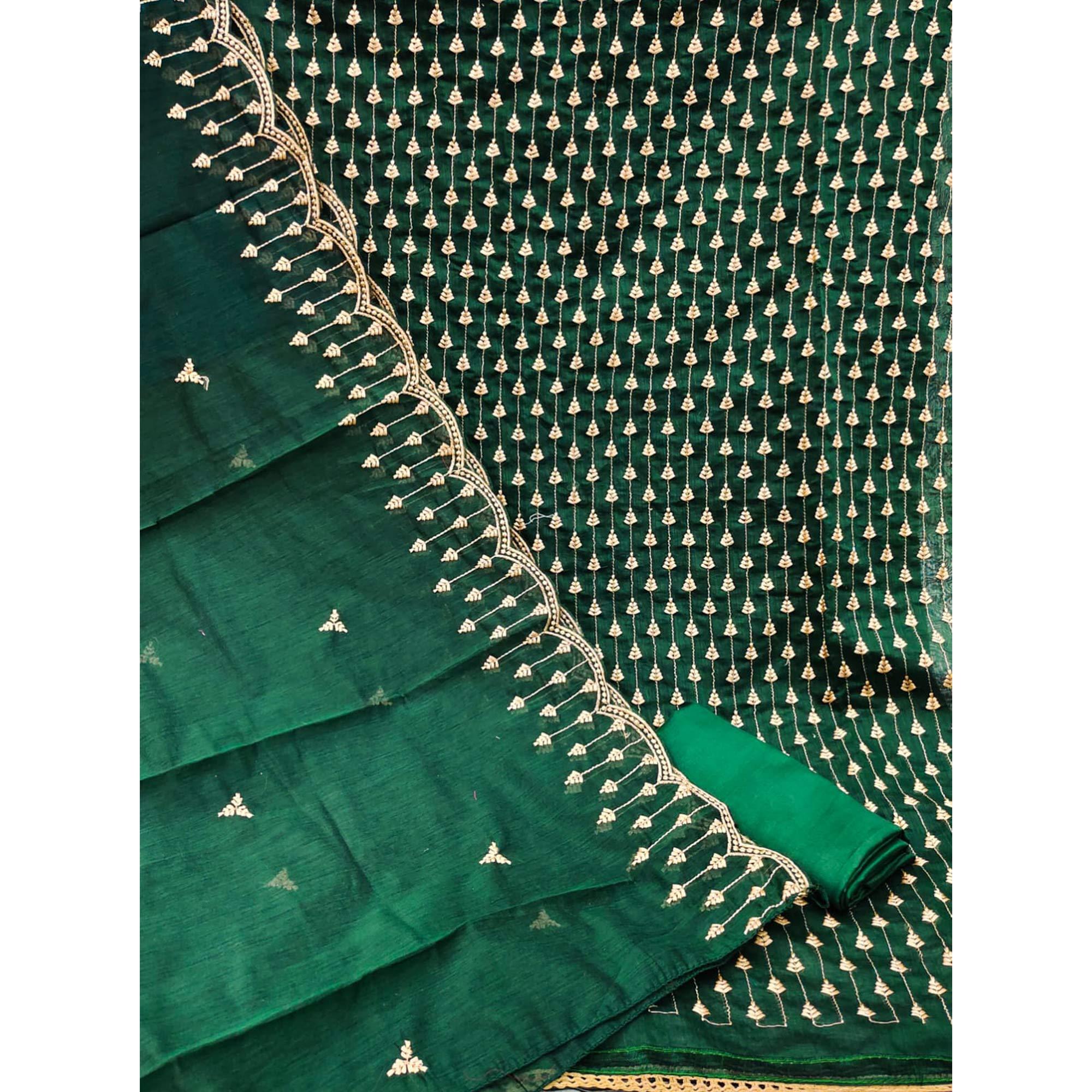Bottle Green  Casual Wear Embroidered Modal Chanderi Dress Material - Peachmode