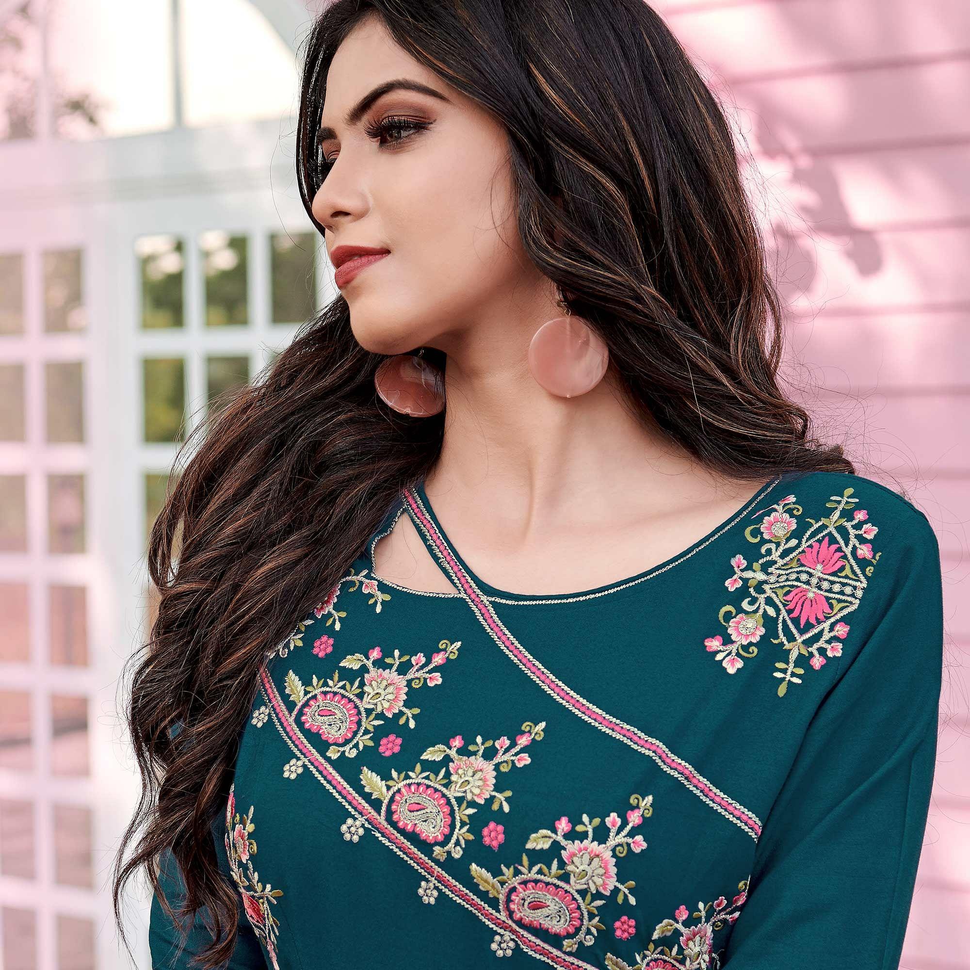 Bottle Green Casual Wear Embroidered Rayon Gown - Peachmode