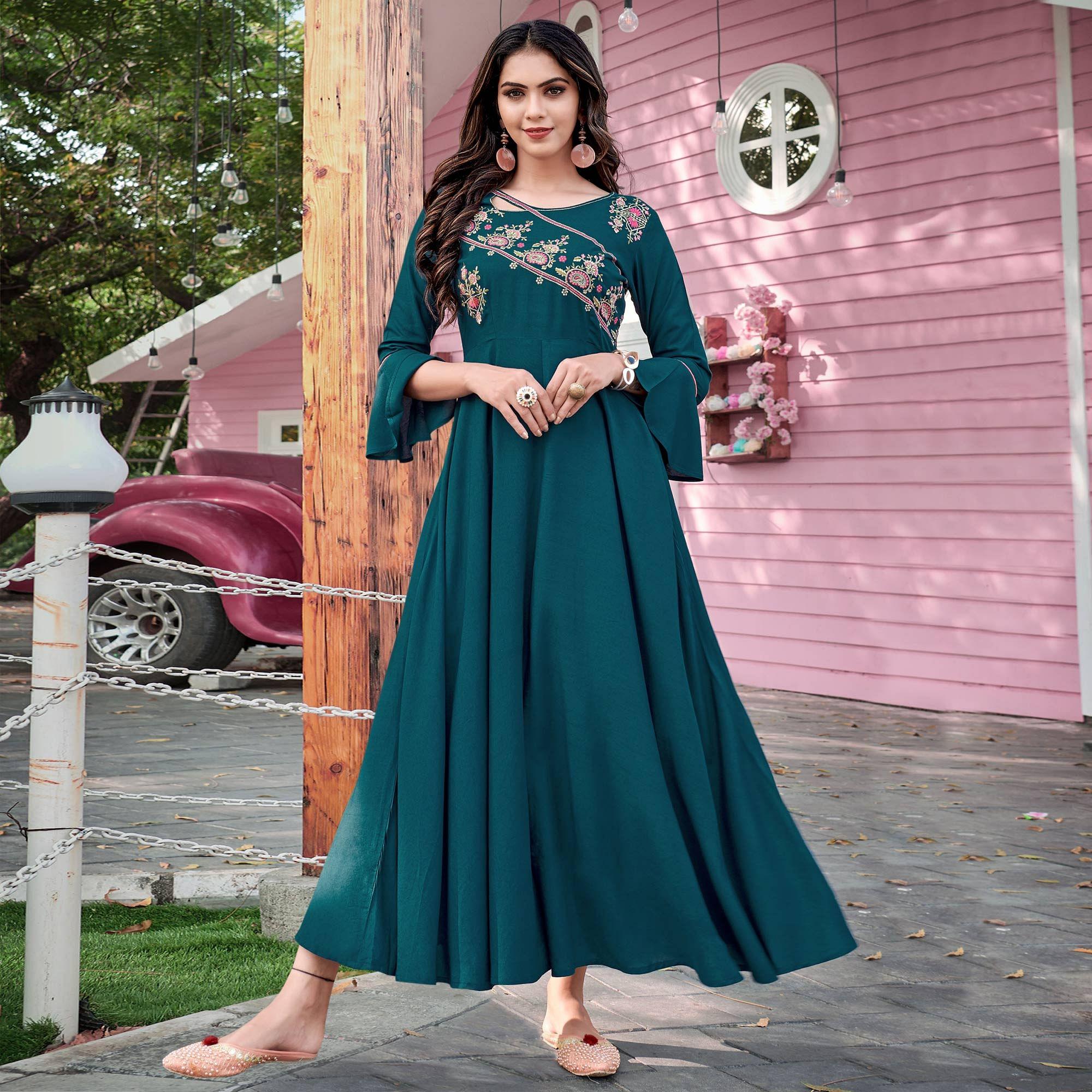 Bottle Green Casual Wear Embroidered Rayon Gown - Peachmode