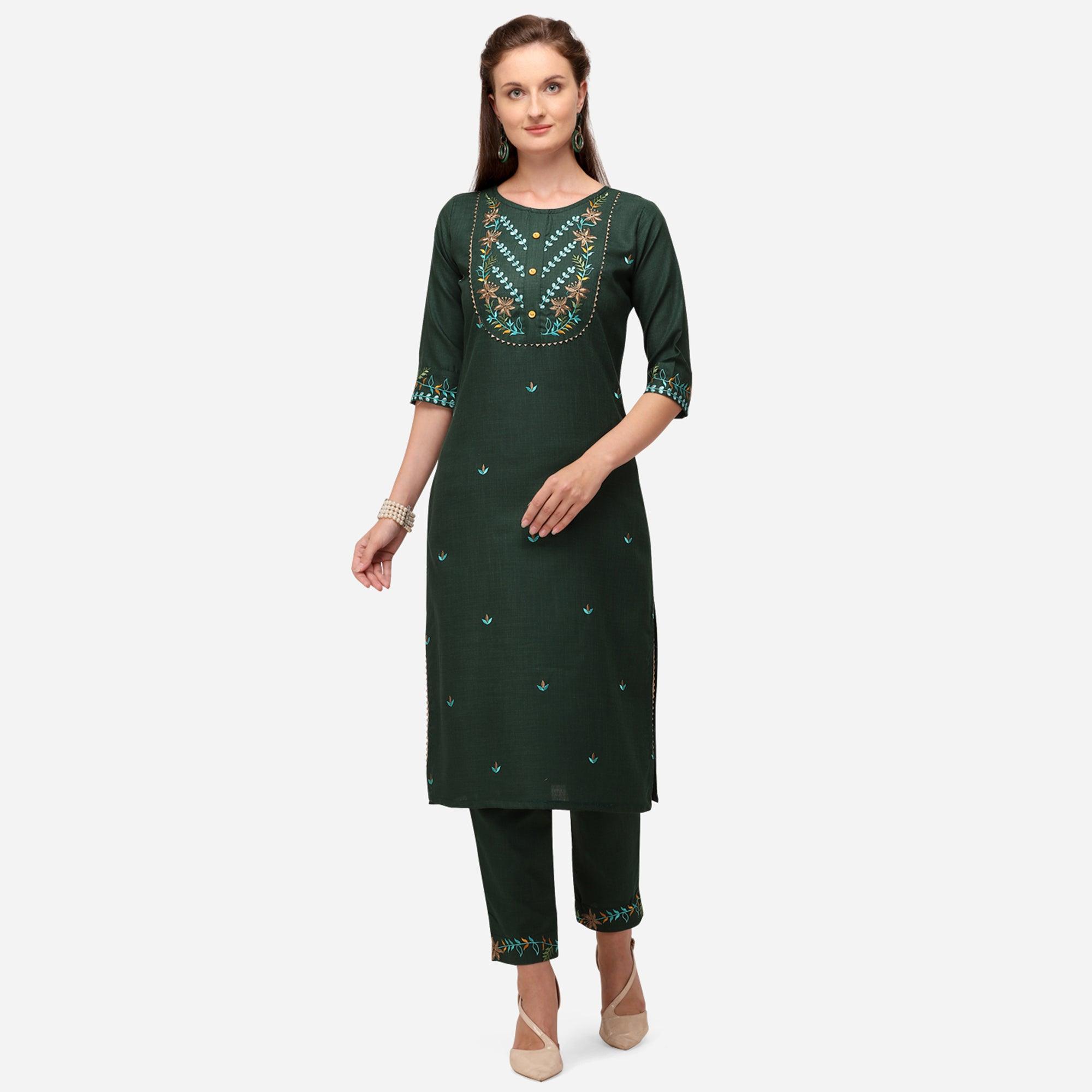 Bottle Green Casual Wear Floral Embroidered Cotton Kurti Pant Set - Peachmode