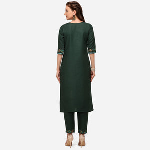 Bottle Green Casual Wear Floral Embroidered Cotton Kurti Pant Set - Peachmode