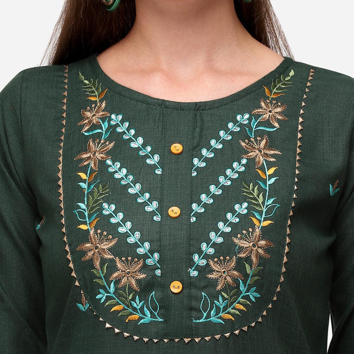 Bottle Green Casual Wear Floral Embroidered Cotton Kurti Pant Set - Peachmode
