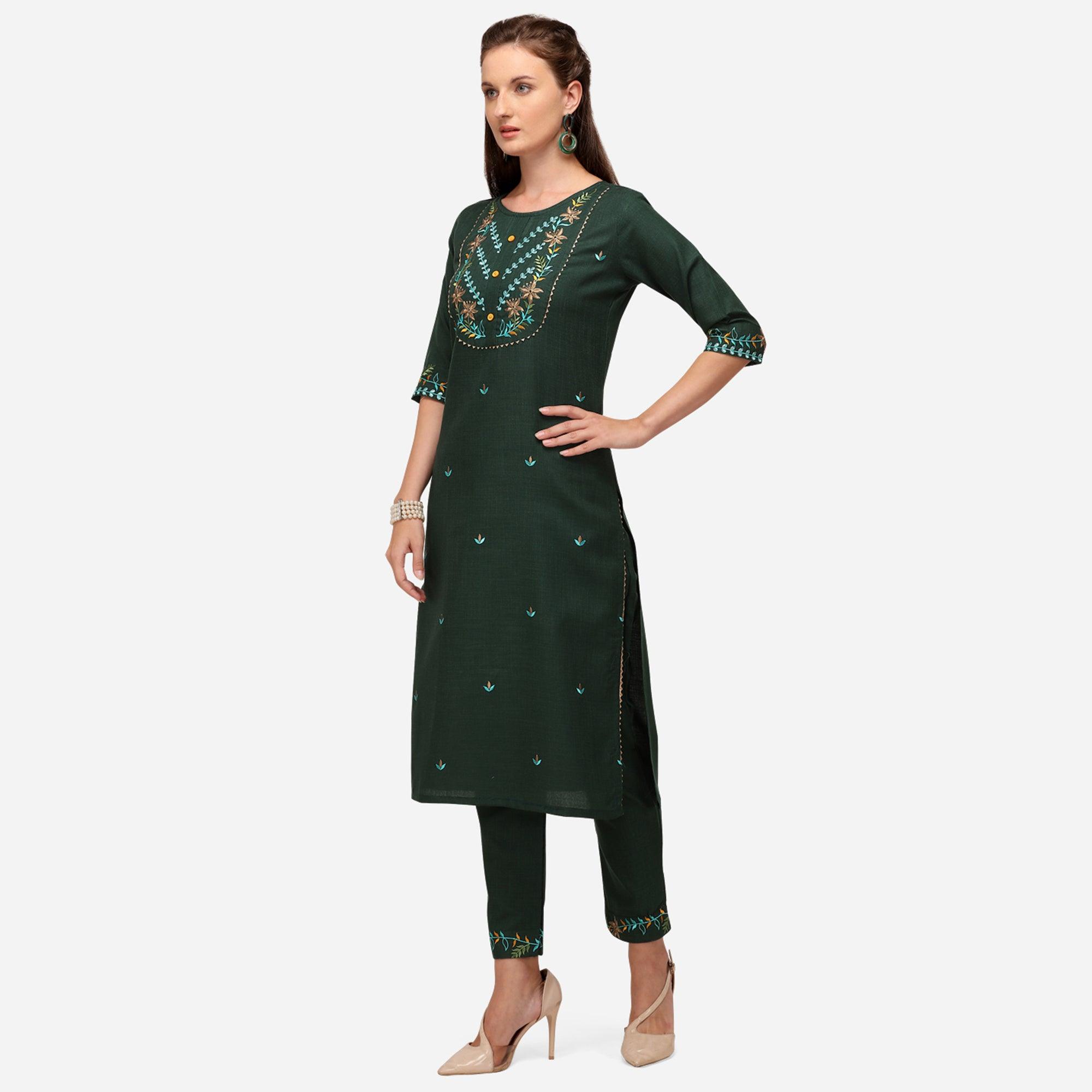 Bottle Green Casual Wear Floral Embroidered Cotton Kurti Pant Set - Peachmode
