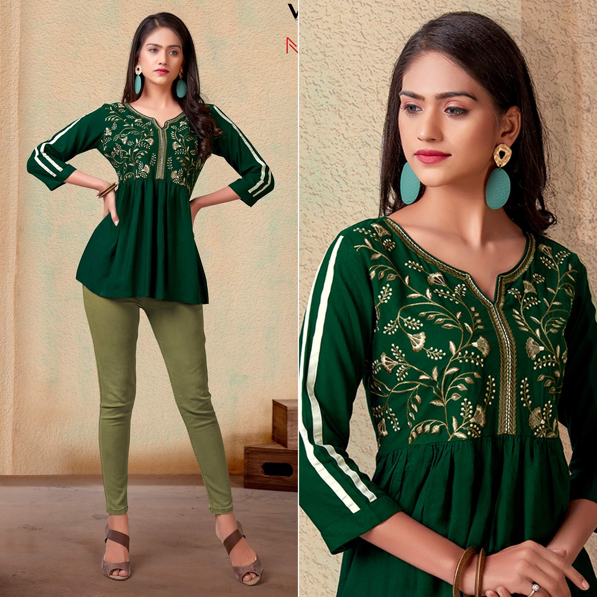 Bottle Green Casual Wear Floral Embroidered Rayon Top - Peachmode