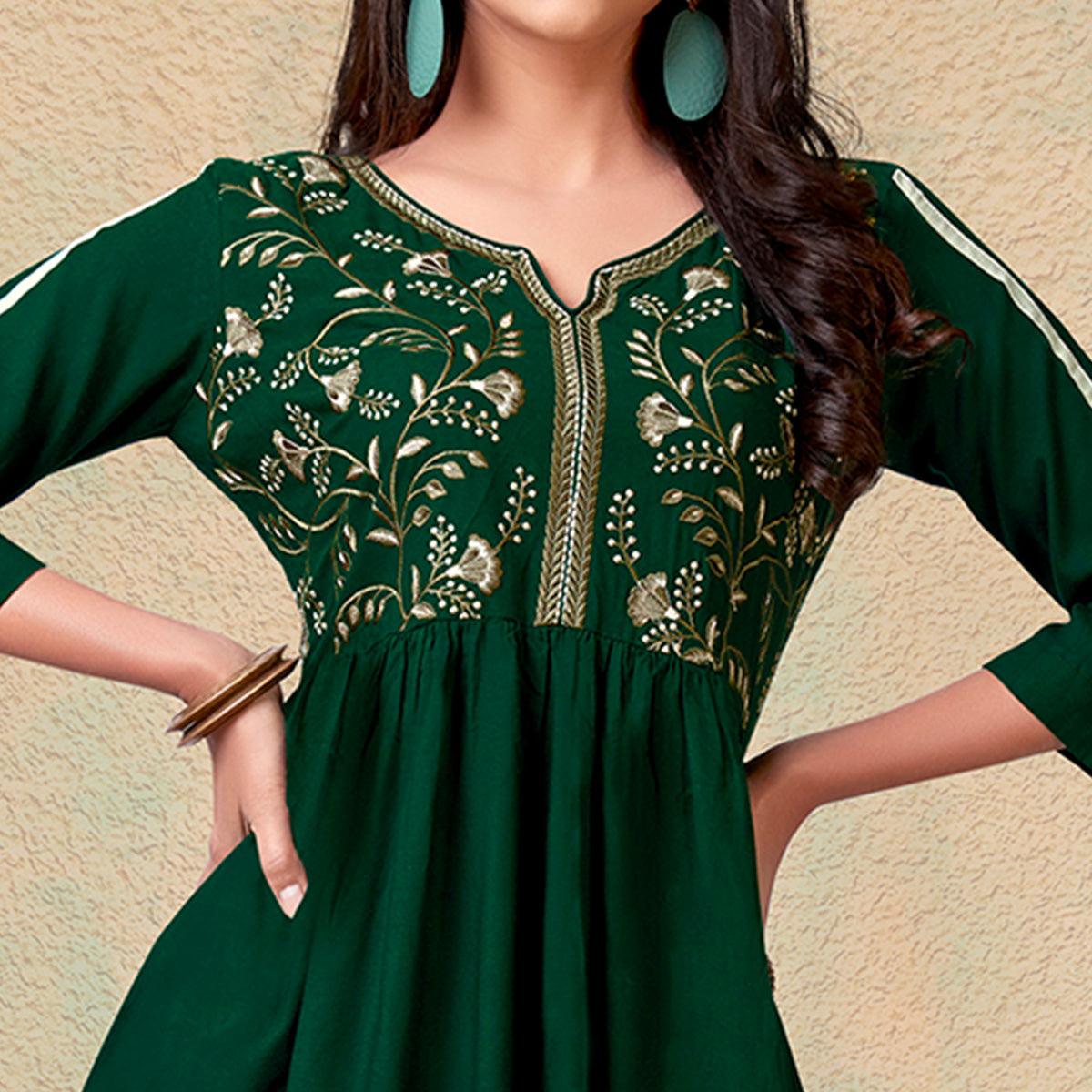 Bottle Green Casual Wear Floral Embroidered Rayon Top - Peachmode