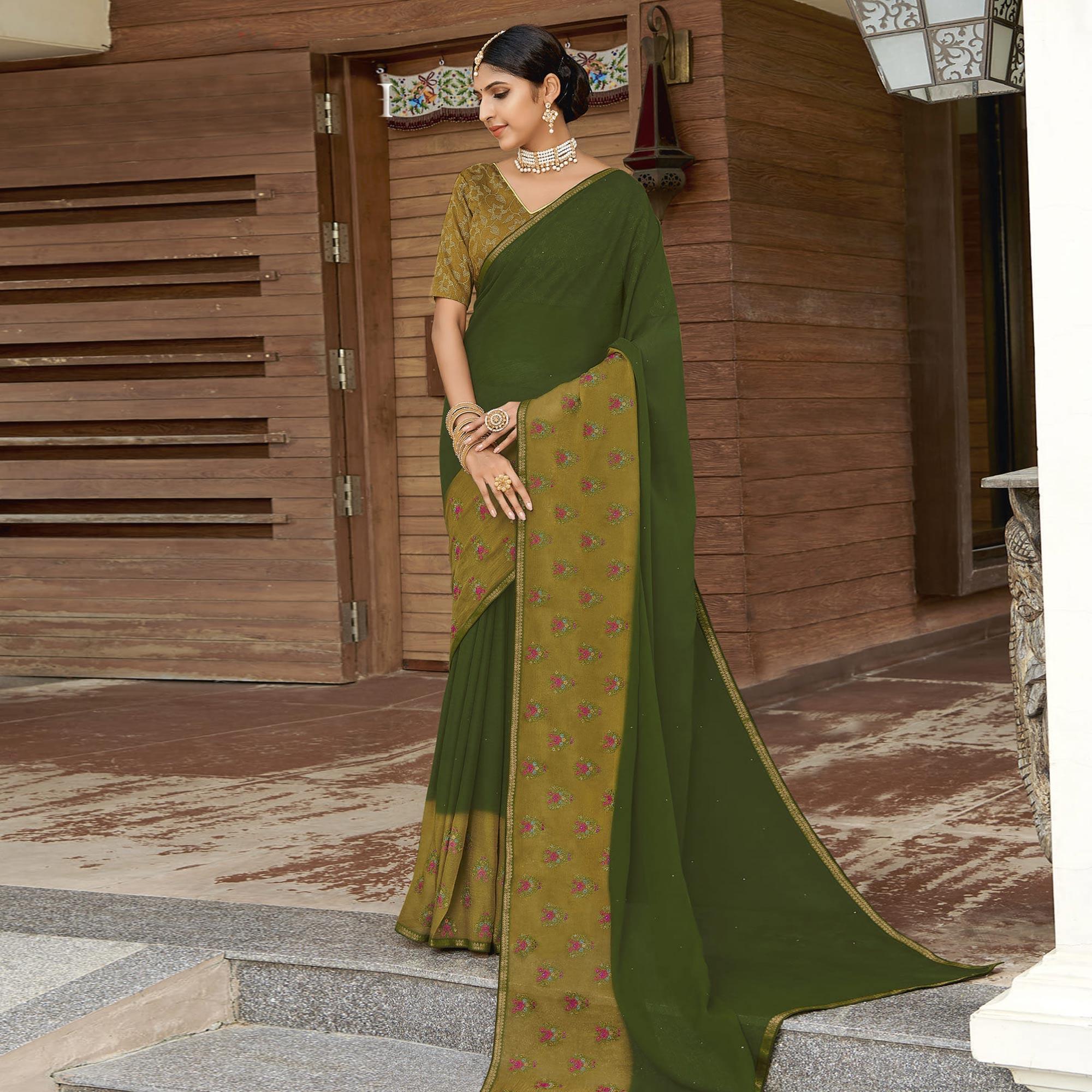 Bottle Green Casual Wear Floral Printed Chiffon Saree - Peachmode