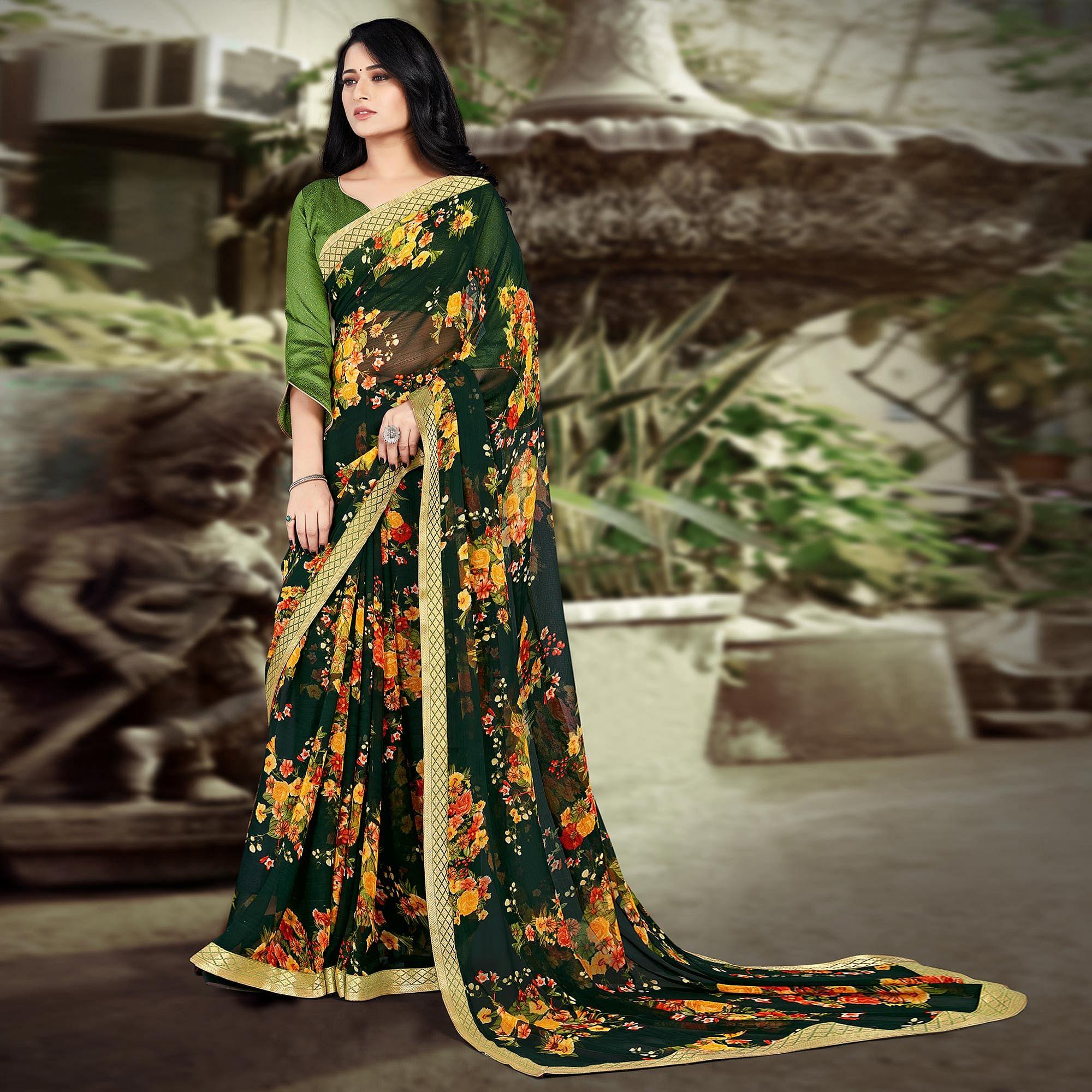 Bottle Green Casual Wear Floral Printed Chiffon Saree - Peachmode