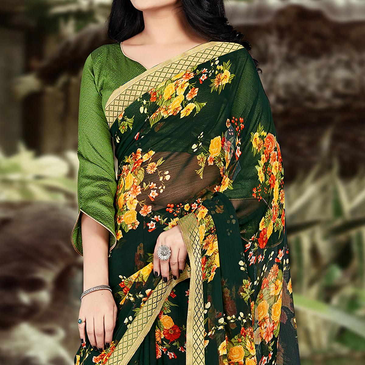 Bottle Green Casual Wear Floral Printed Chiffon Saree - Peachmode