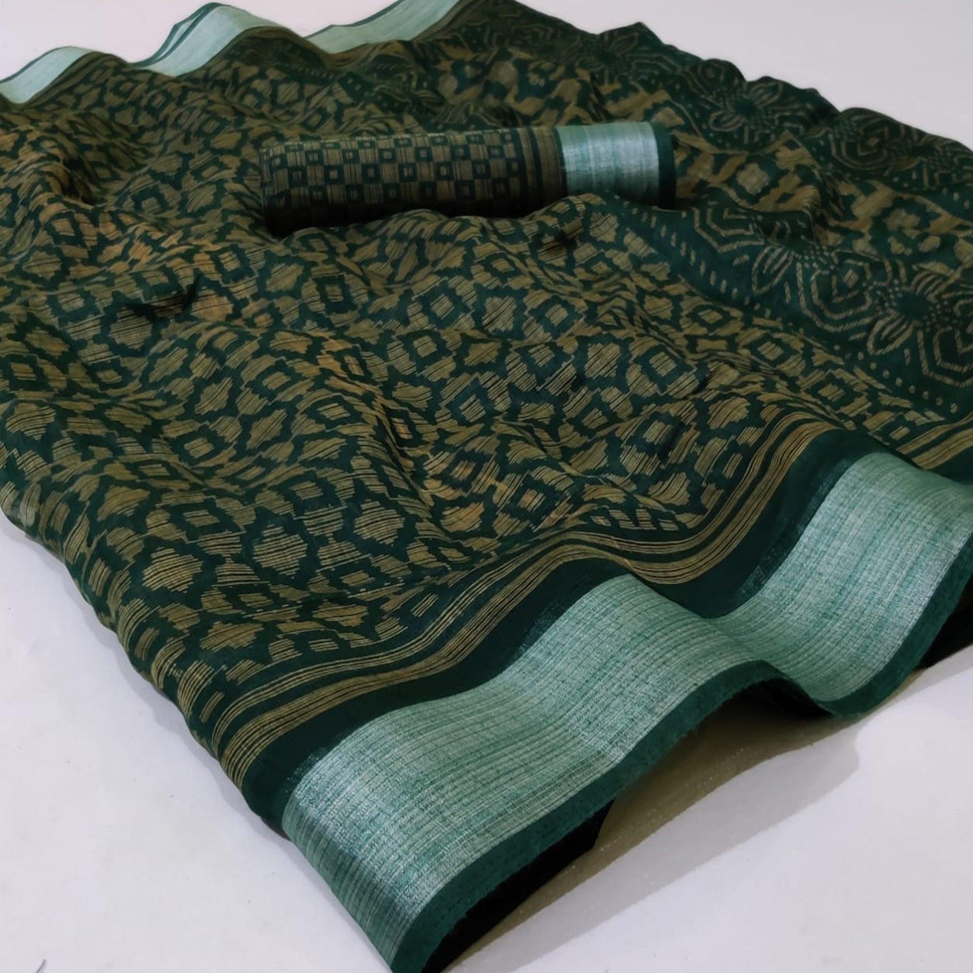 Bottle Green Casual Wear Mill Printed Linen Cotton Saree With Silver Zari Border - Peachmode