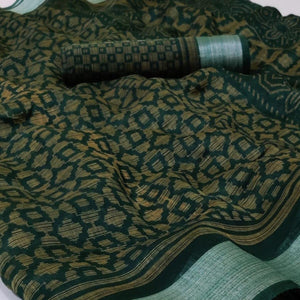 Bottle Green Casual Wear Mill Printed Linen Cotton Saree With Silver Zari Border - Peachmode