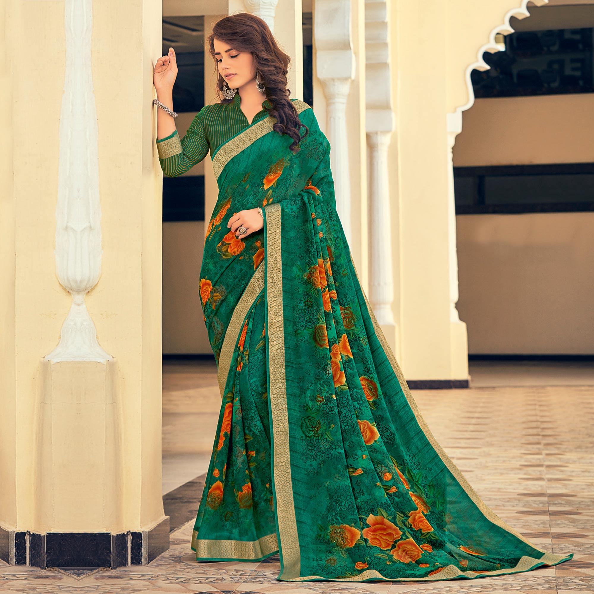 Bottle Green Casual Wear Printed Georgette Saree With Border - Peachmode