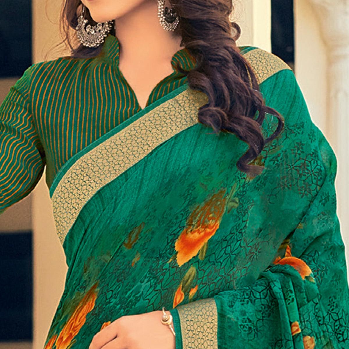 Bottle Green Casual Wear Printed Georgette Saree With Border - Peachmode