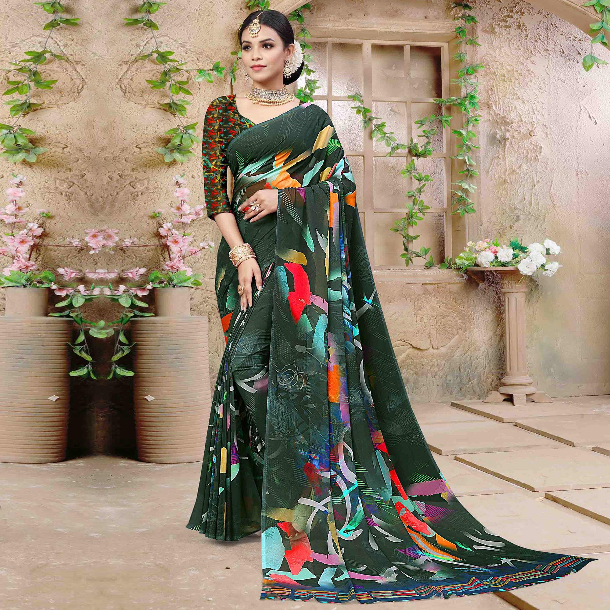Bottle Green Digital Printed Georgette Saree - Peachmode