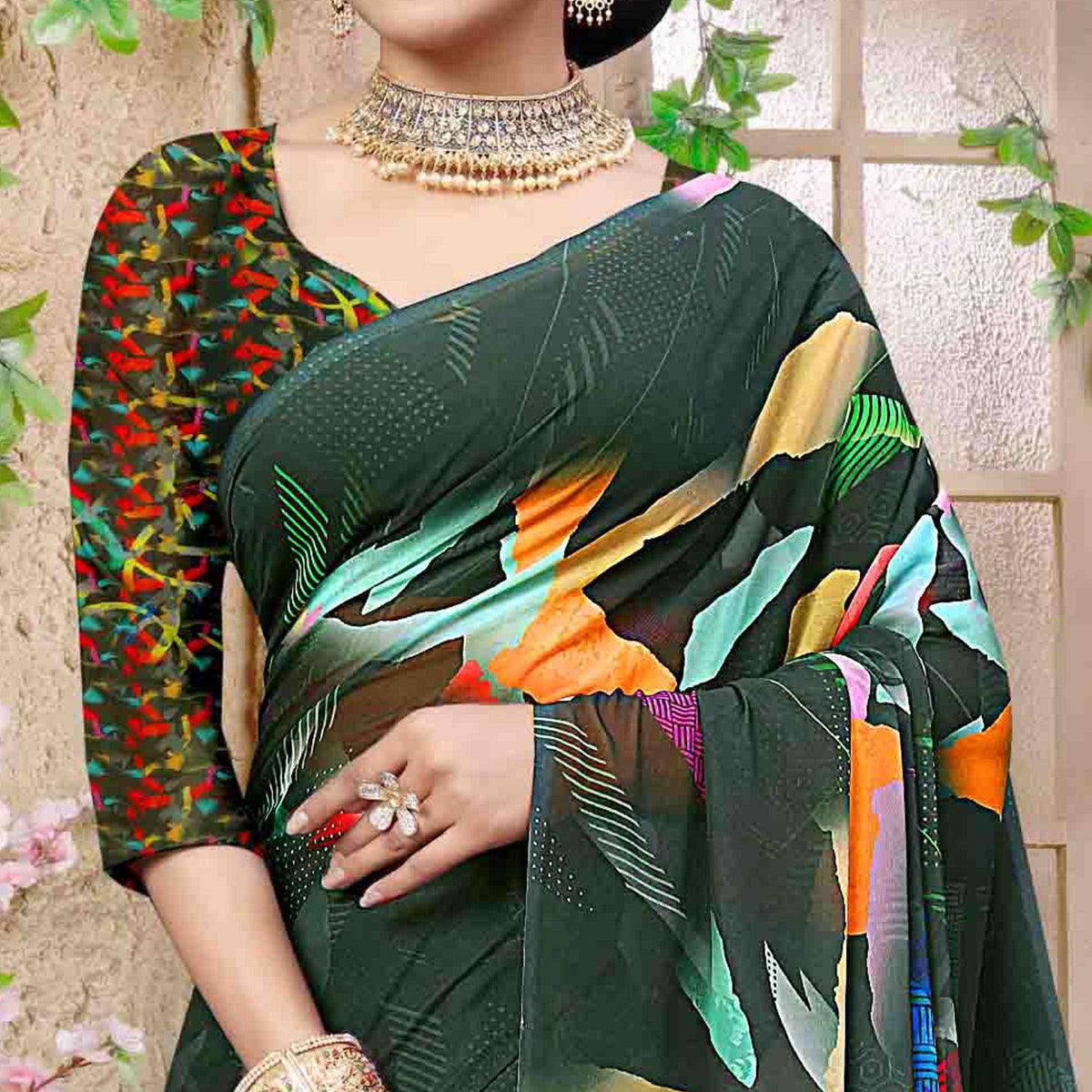 Bottle Green Digital Printed Georgette Saree - Peachmode