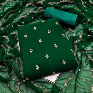 Bottle Green Embroidered Georgette Dress Material - Peachmode