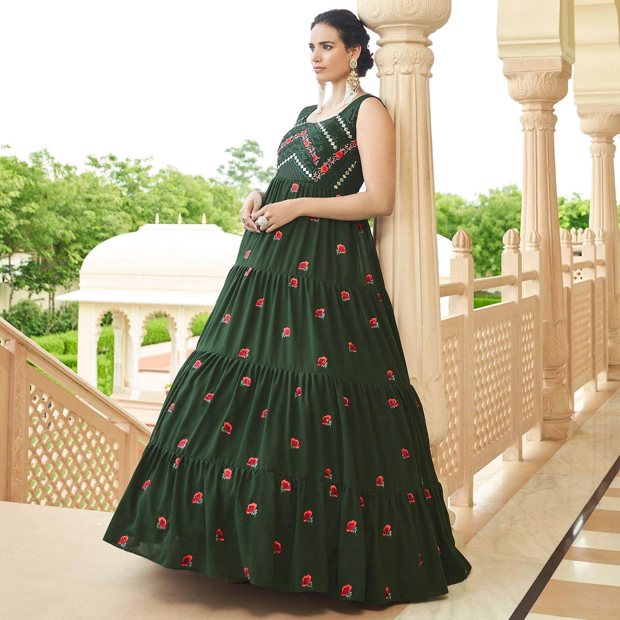 Bottle Green Embroidered Georgette Gown - Peachmode