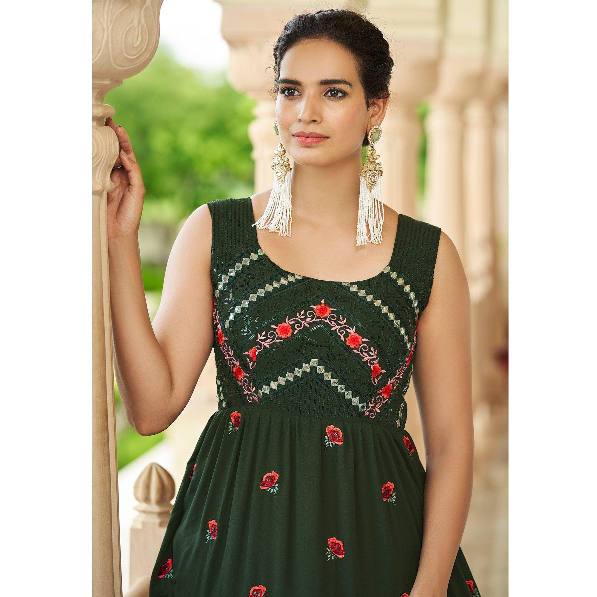 Bottle Green Embroidered Georgette Gown - Peachmode
