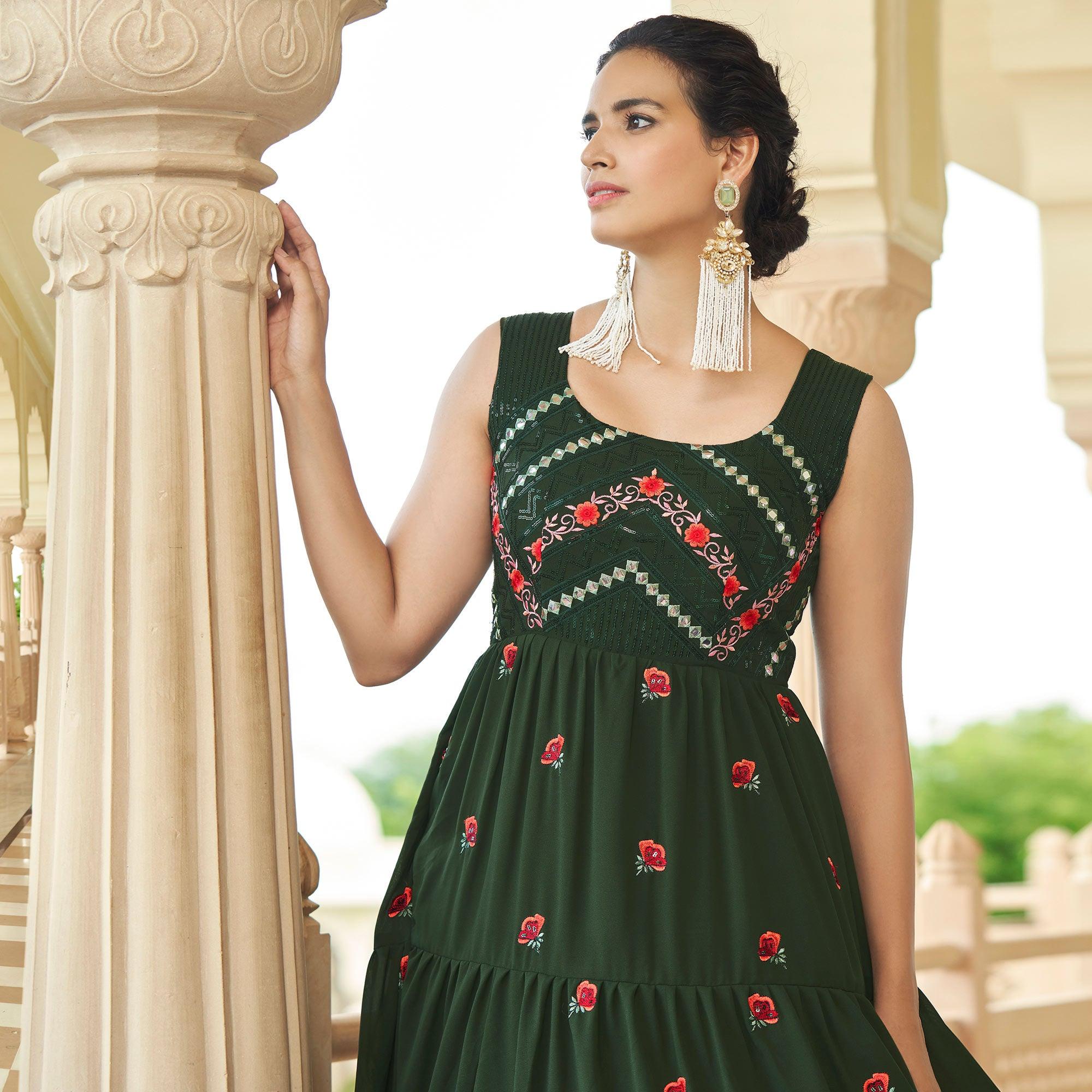 Bottle Green Embroidered Georgette Gown - Peachmode