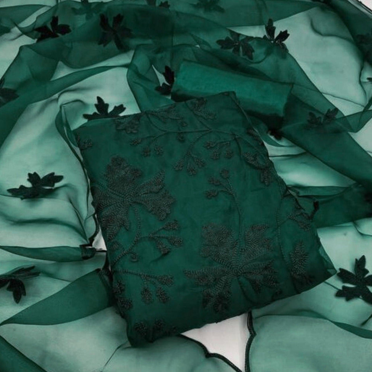 Bottle Green Embroidered Organza Dress Material Bottle Green Embroidered Organza Dress Material