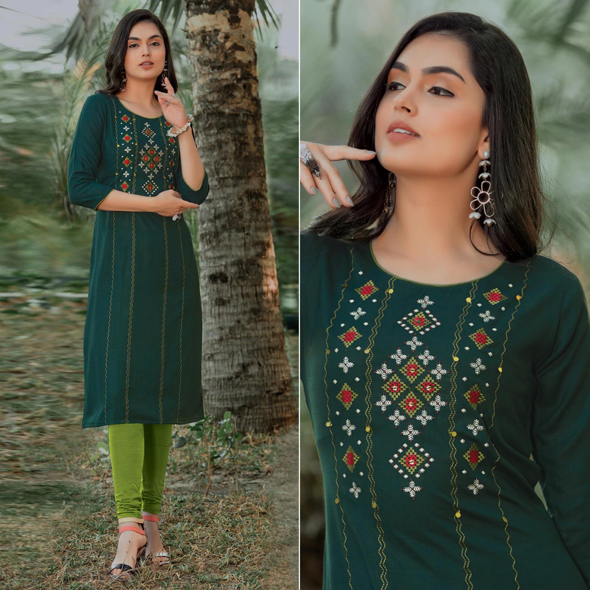 Bottle Green Embroidered Pure Cotton Kurti - Peachmode