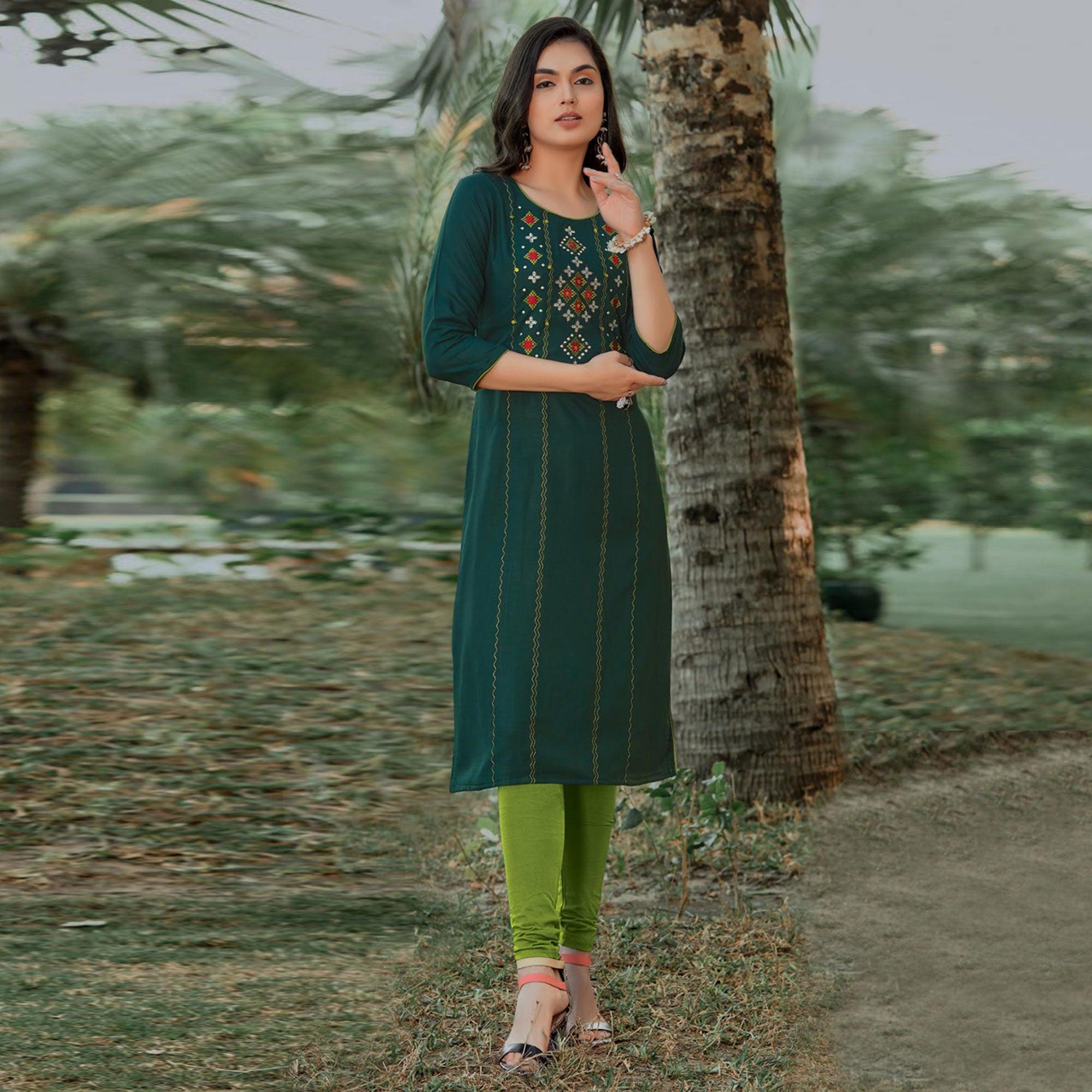 Bottle Green Embroidered Pure Cotton Kurti - Peachmode