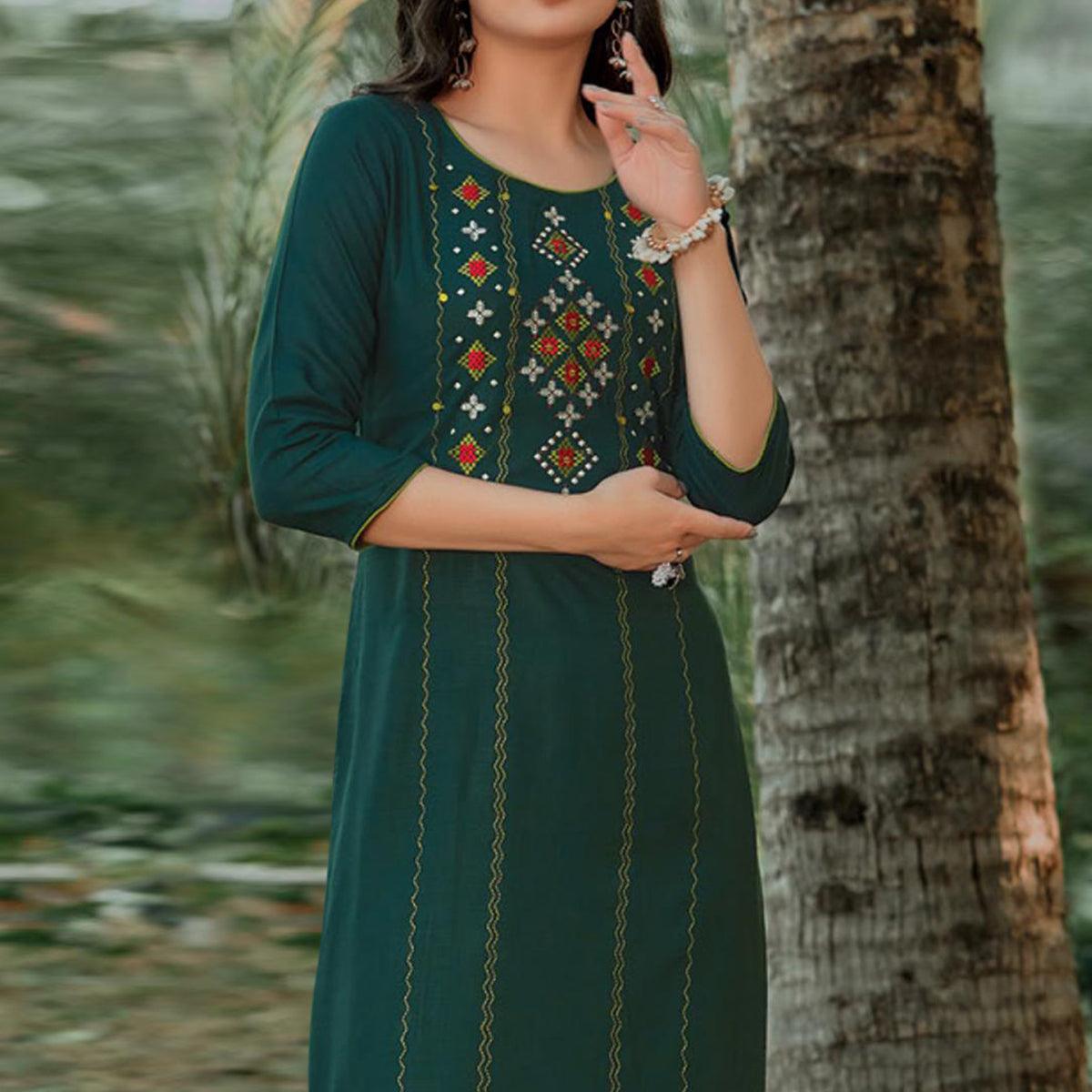 Bottle Green Embroidered Pure Cotton Kurti - Peachmode