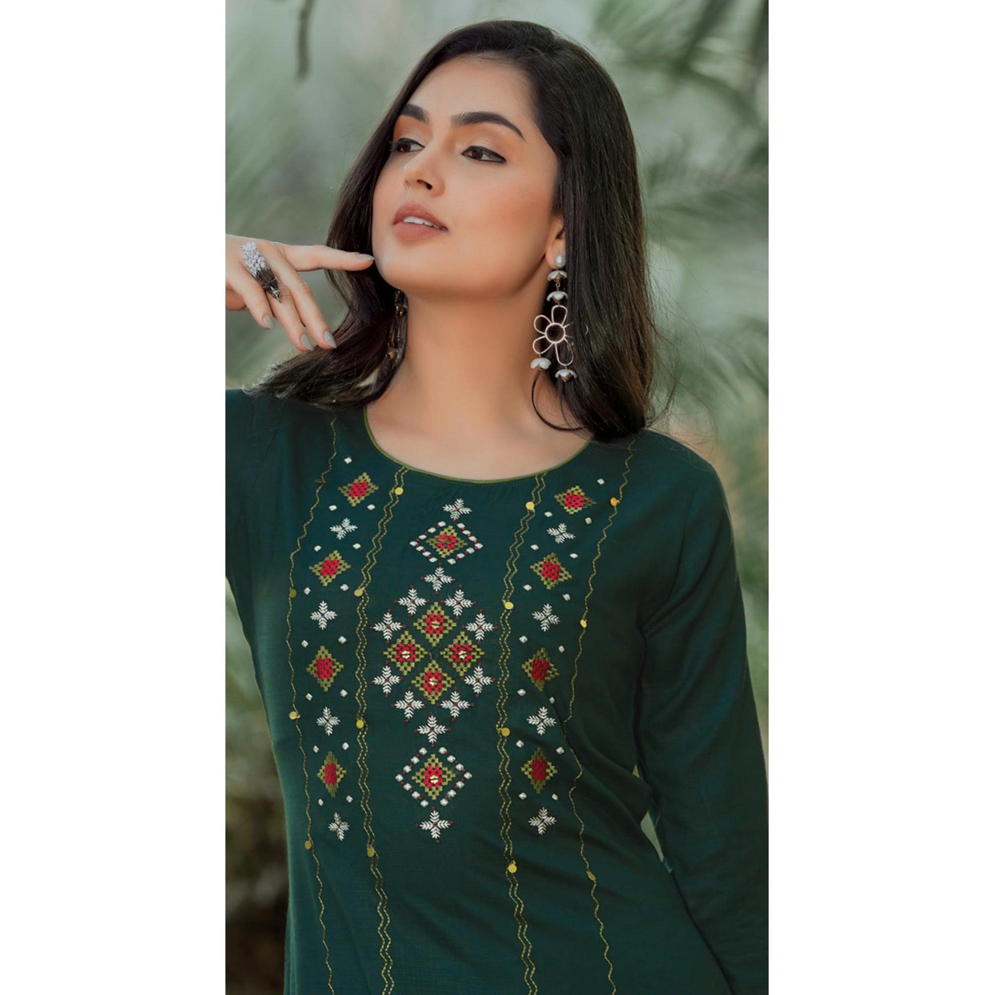 Bottle Green Embroidered Pure Cotton Kurti - Peachmode