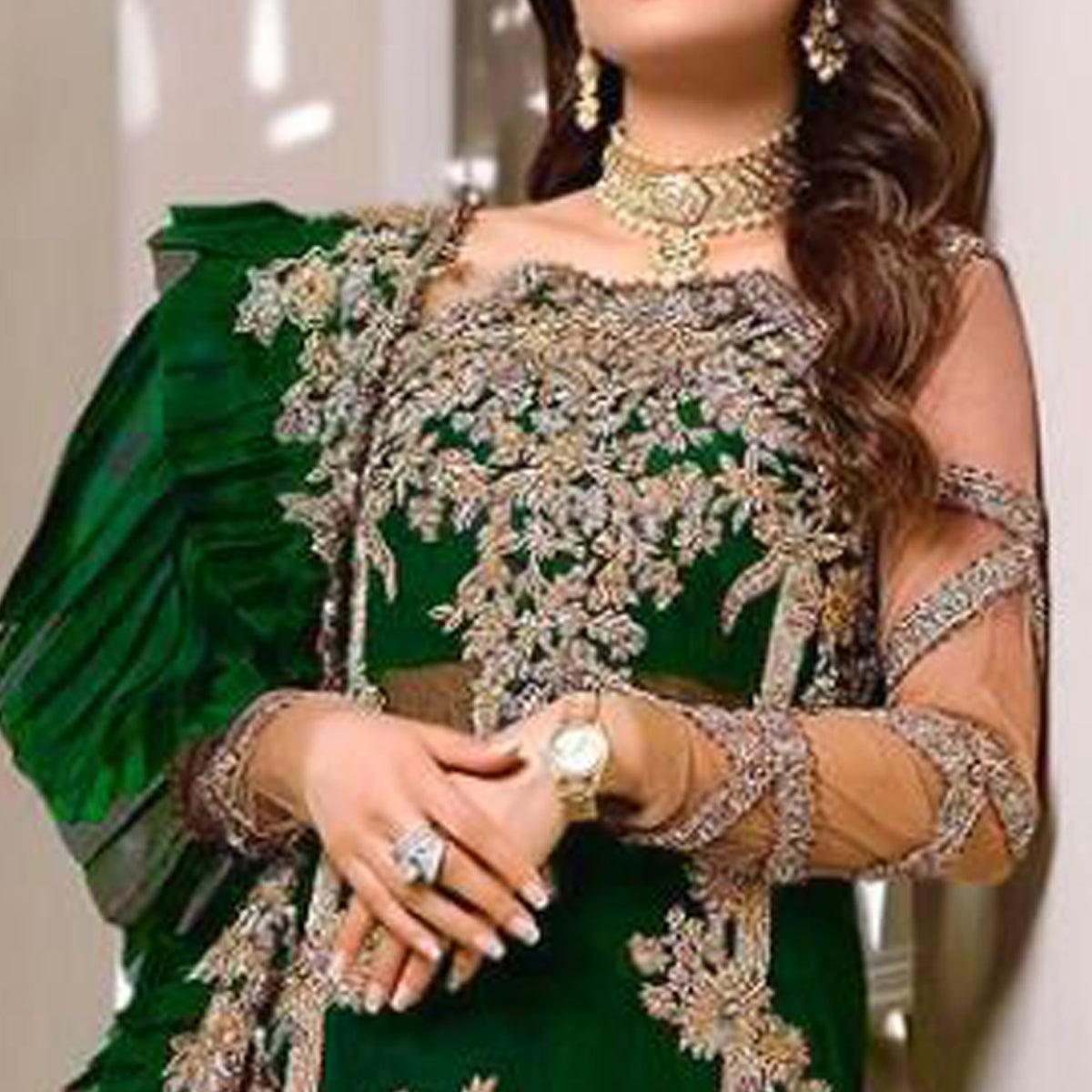 Bottle Green Embroidered Resham Work Georgette Pakistani Suit - Peachmode