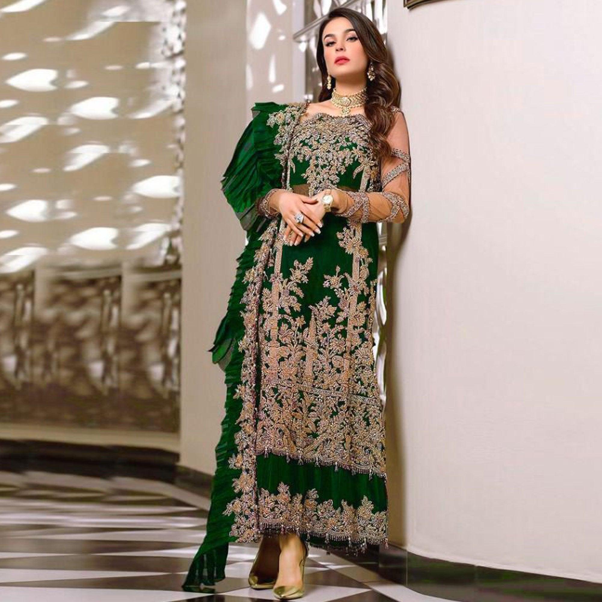 Bottle Green Embroidered Resham Work Georgette Pakistani Suit - Peachmode