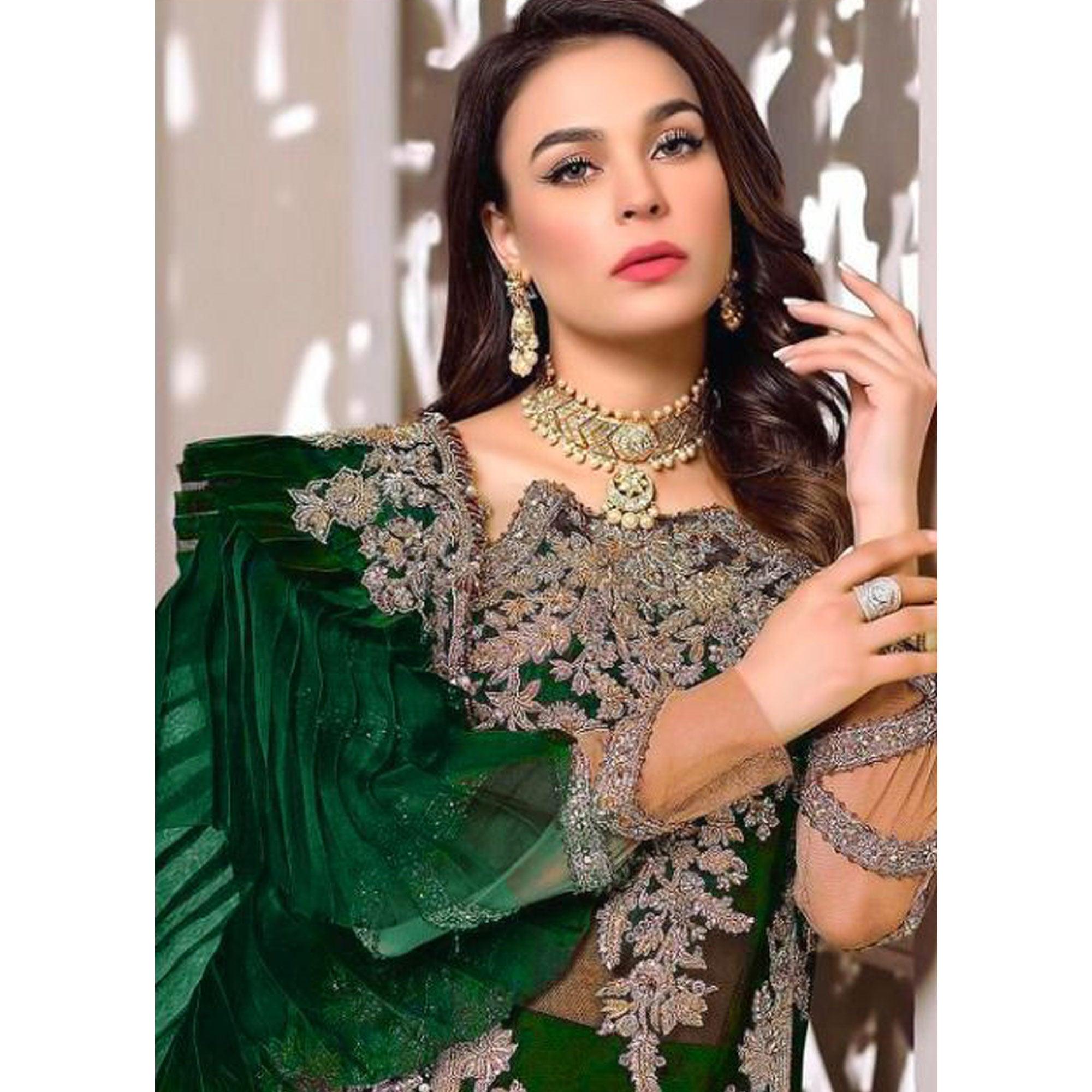 Bottle Green Embroidered Resham Work Georgette Pakistani Suit - Peachmode