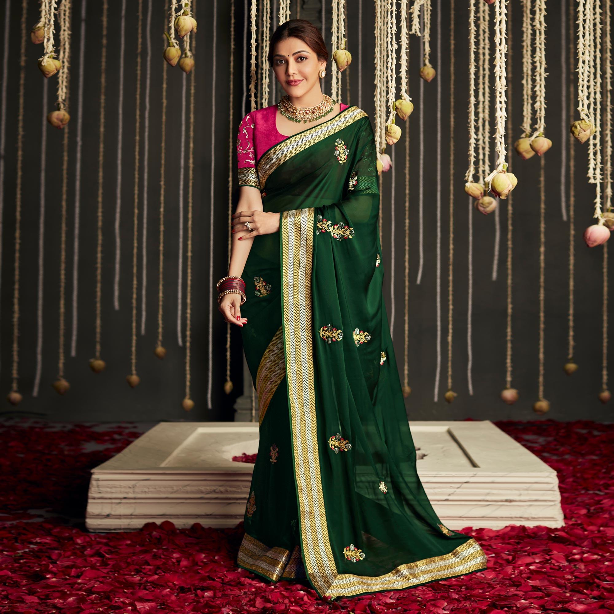Bottle Green Embroidered With Embellished Art Silk Saree With Tassels - Peachmode