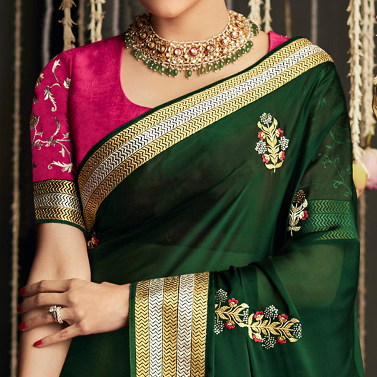 Bottle Green Embroidered With Embellished Art Silk Saree With Tassels - Peachmode