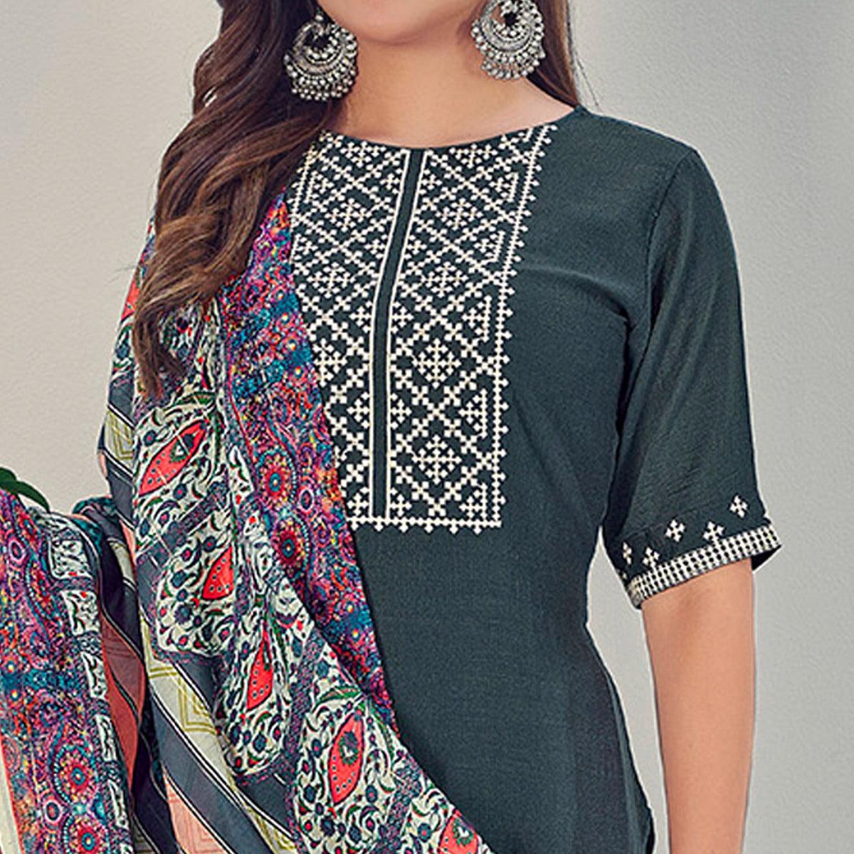 Bottle Green Embroidered With Embellished Chiffon Kurti Pant Set With Dupatta - Peachmode