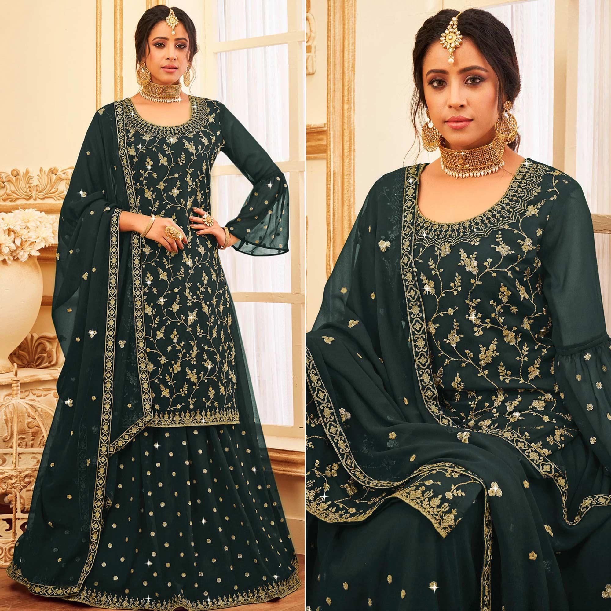 Bottle Green Embroidered With Embellished Georgette Sharara Suit - Peachmode