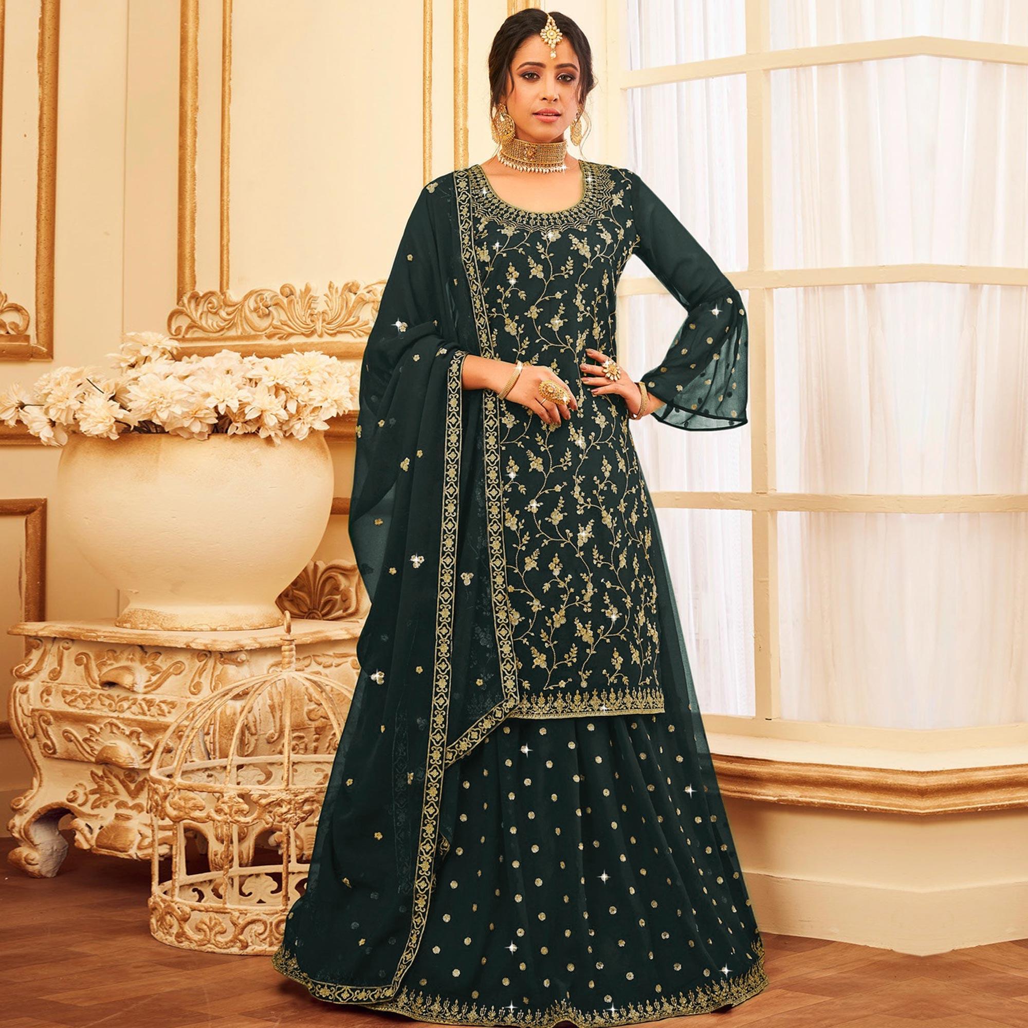 Bottle Green Embroidered With Embellished Georgette Sharara Suit - Peachmode