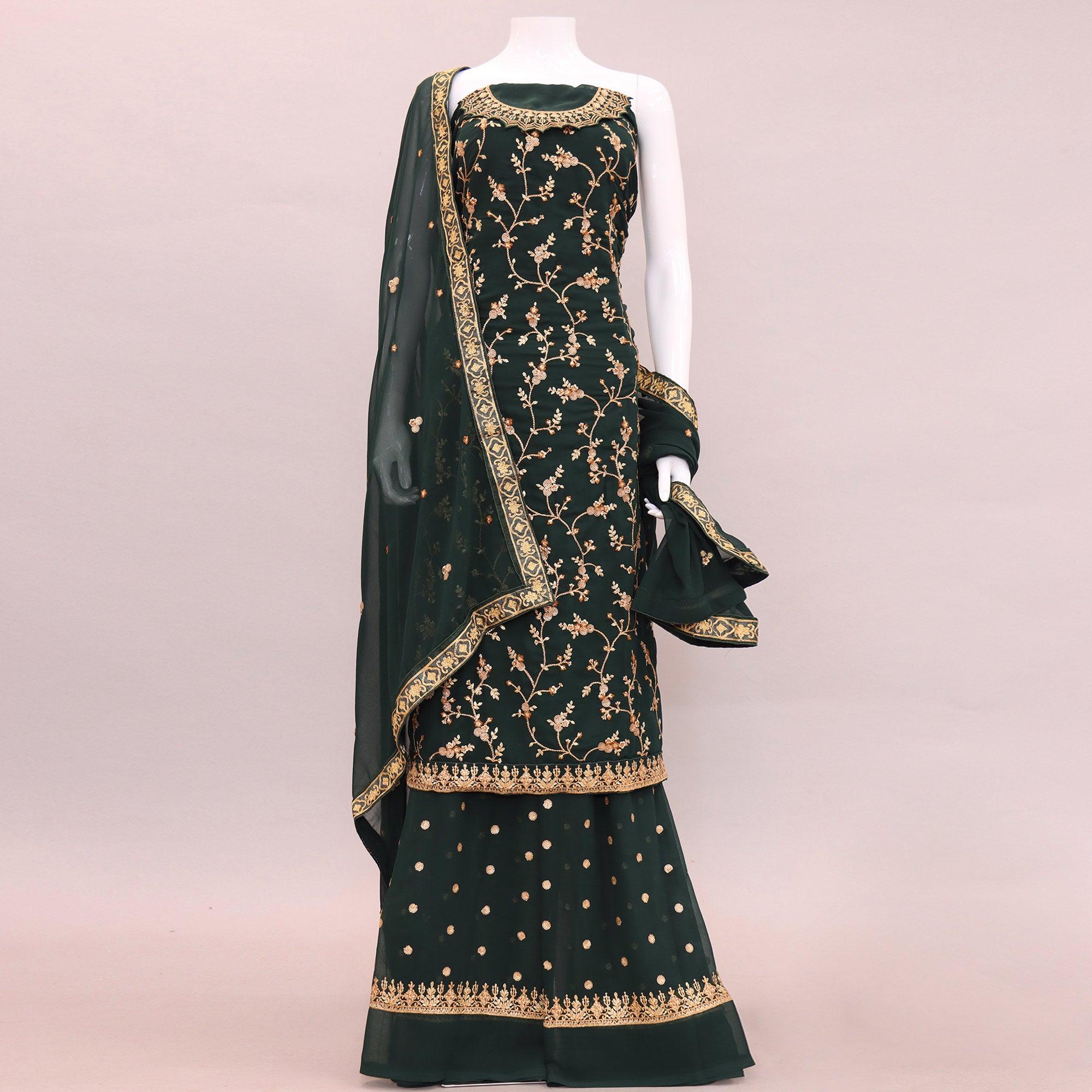 Bottle Green Embroidered With Embellished Georgette Sharara Suit - Peachmode